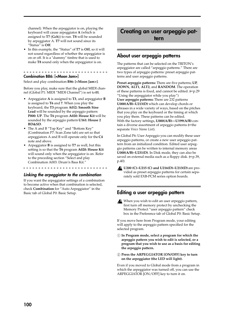 Combination b86: [<moon jam, Linking the arpeggiator to the combination, About user arpeggio patterns | Editing a user arpeggio pattern, 1 in program mode, select a program for which the, 2 press the arpeggiator [on/off] key to turn 2 on, Creating an user arpeggio pattern, P.100), Creating an user arpeggio pat- tern | KORG Speaker System User Manual | Page 104 / 144