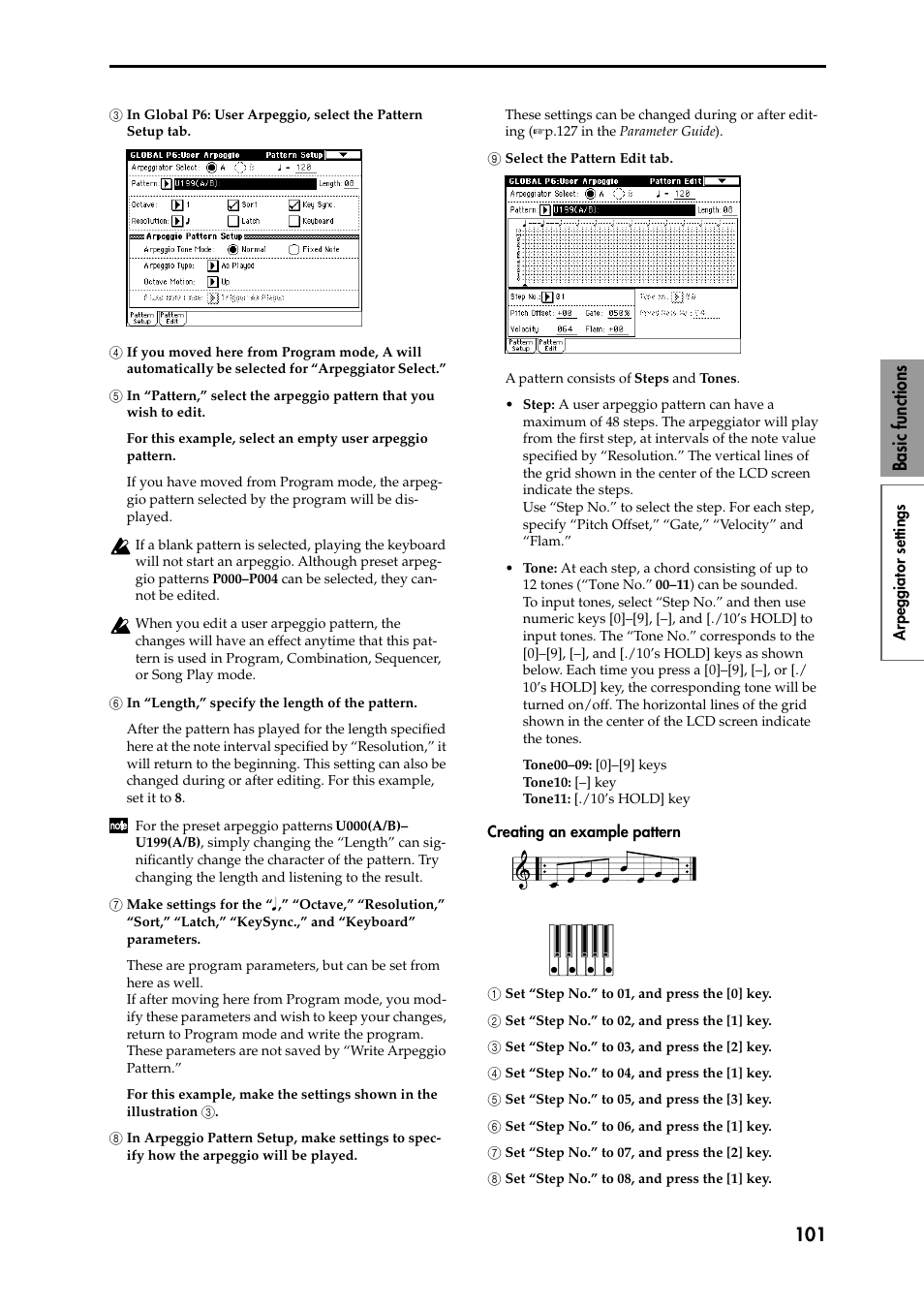 3 in global p6: user arpeggio, select the pattern, 4 if you moved here from program mode, a will 4 au, 5 in “pattern,” select the arpeggio pattern that y | 6 in “length,” specify the length of the pattern, 7 make settings for the “q ,” “octave,” “resolutio, 8 in arpeggio pattern setup, make settings to spec, 9 select the pattern edit tab, Creating an example pattern, 1 set “step no.” to 01, and press the [0] key, 2 set “step no.” to 02, and press the [1] key | KORG Speaker System User Manual | Page 105 / 144