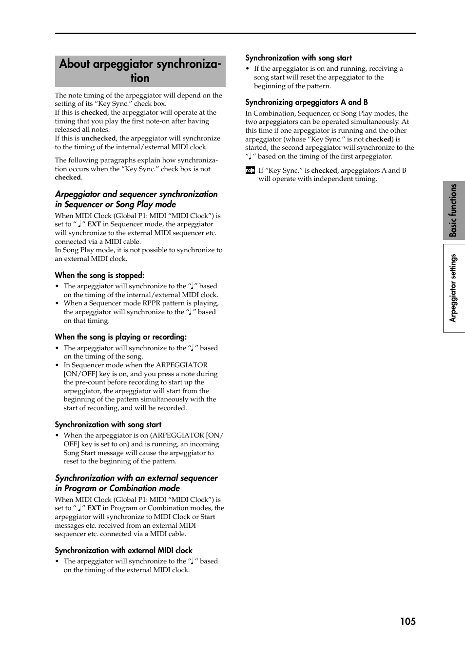 Arpeggiator and sequencer synchronization in seque, When the song is stopped, When the song is playing or recording | Synchronization with song start, Synchronization with an external sequencer in prog, Synchronization with external midi clock, Synchronizing arpeggiators a and b, About arpeggiator synchronization, P.105 ), P.105) | KORG Speaker System User Manual | Page 109 / 144