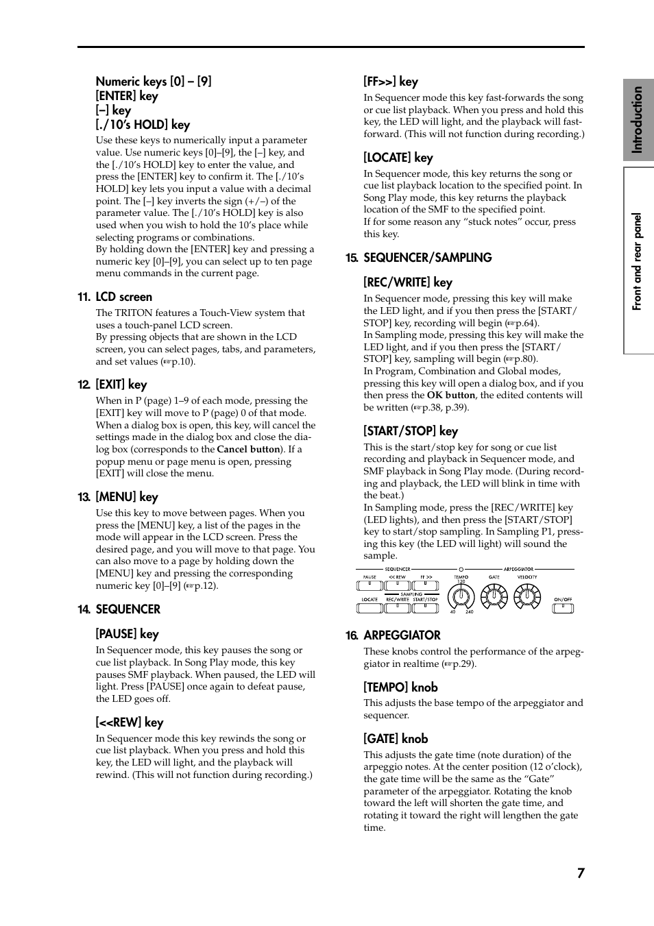 Numeric keys [0] – [9] [enter] key [–] key [./10’s, Lcd screen, [exit] key | [menu] key, Sequencer, Pause] key, Rew] key, Ff>>] key, Locate] key, Sequencer/sampling | KORG Speaker System User Manual | Page 11 / 144