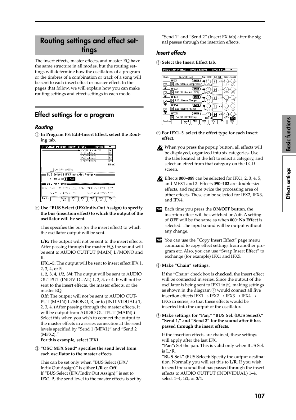 Effect settings for a program, Routing, 1 in program p8: edit-insert effect, select the ro | 2 use “bus select (ifx/indiv.out assign) to specif, 3 “osc mfx send” specifies the send level from 3 e, Insert effects, 4 select the insert effect tab, 5 for ifx1–5, select the effect type for each inse, 6 make “chain” settings, 7 make settings for “pan,” “bus sel. (bus select) | KORG Speaker System User Manual | Page 111 / 144