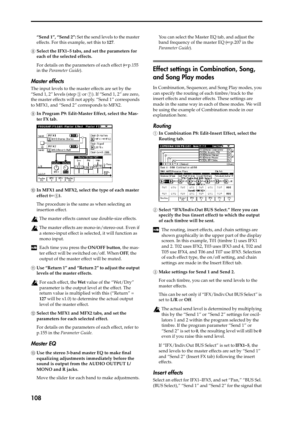 8 select the ifx1–5 tabs, and set the parameters f, Master effects, 9 in program p9: edit-master effect, select the ma | 0 in mfx1 and mfx2, select the type of each master, A use “return 1” and “return 2” to adjust the outp, B select the mfx1 and mfx2 tabs, and set the b par, Master eq, C use the stereo 3-band master eq to make final c, Effect settings in combination, song, and song pla, Routing | KORG Speaker System User Manual | Page 112 / 144