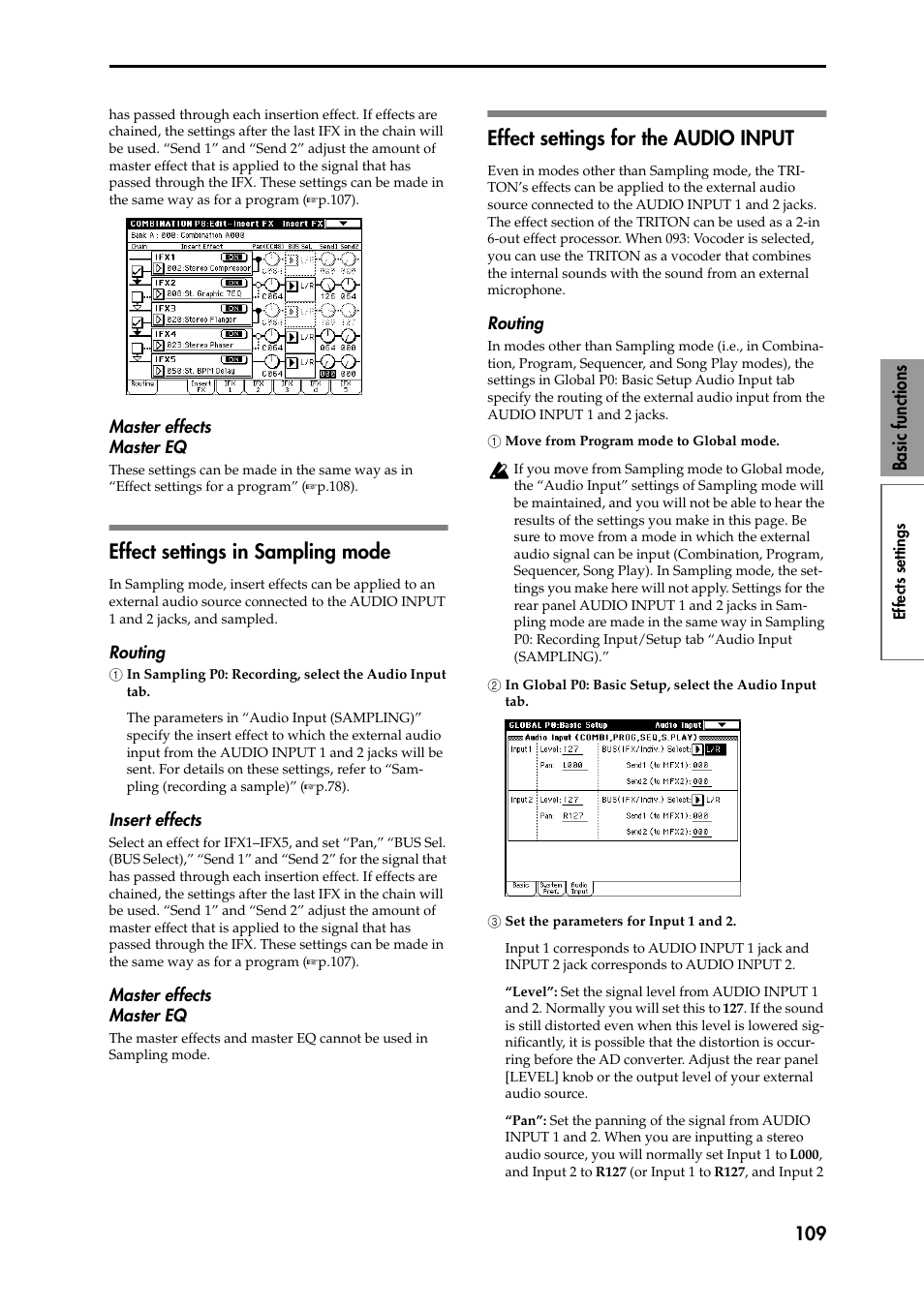 Master effects master eq, Effect settings in sampling mode, Routing | 1 in sampling p0: recording, select the audio inpu, Insert effects, Effect settings for the audio input, 1 move from program mode to global mode, 2 in global p0: basic setup, select the audio inpu, 3 set the parameters for input 1 and 2, The output jacks in other modes | KORG Speaker System User Manual | Page 113 / 144