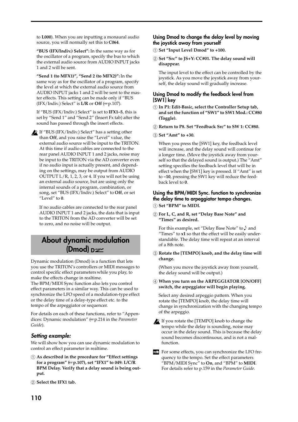 Setting example, 1 as described in the procedure for “effect settin, 2 select the ifx1 tab | Using dmod to change the delay level by moving the, 1 set “input level dmod” to +100, 2 set “src” to js+y: cc#01. the delay sound will 2, Using dmod to modify the feedback level from [sw1, 1 in p1: edit-basic, select the controller setup t, 2 return to p8. set “feedback src” to sw 1: cc#80, 3 set “amt” to +30 | KORG Speaker System User Manual | Page 114 / 144