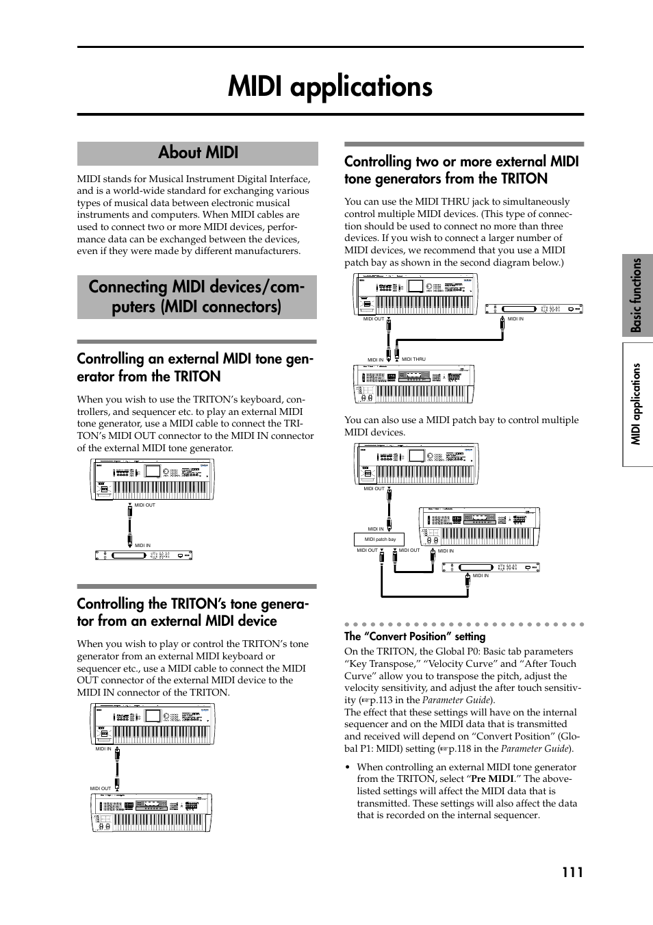 Midi applications, Controlling an external midi tone generator from t, Controlling the triton’s tone generator from an ex | Controlling two or more external midi tone generat, The “convert position” setting, Nectors), Controlling an external midi tone generator from, The triton, Controlling the triton’s tone generator from an, External midi device | KORG Speaker System User Manual | Page 115 / 144