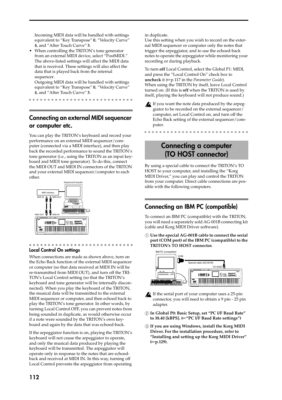 Connecting an external midi sequencer or computer, Local control on settings, Connecting an ibm pc (compatible) | 1 use the special ag-001b cable to connect the ser, 2 in global p0: basic setup, set “pc i/f baud rate, 3 if you are using windows, install the korg midi, Connecting a computer, To host connector), Connecting an external midi sequencer or, Computer etc | KORG Speaker System User Manual | Page 116 / 144