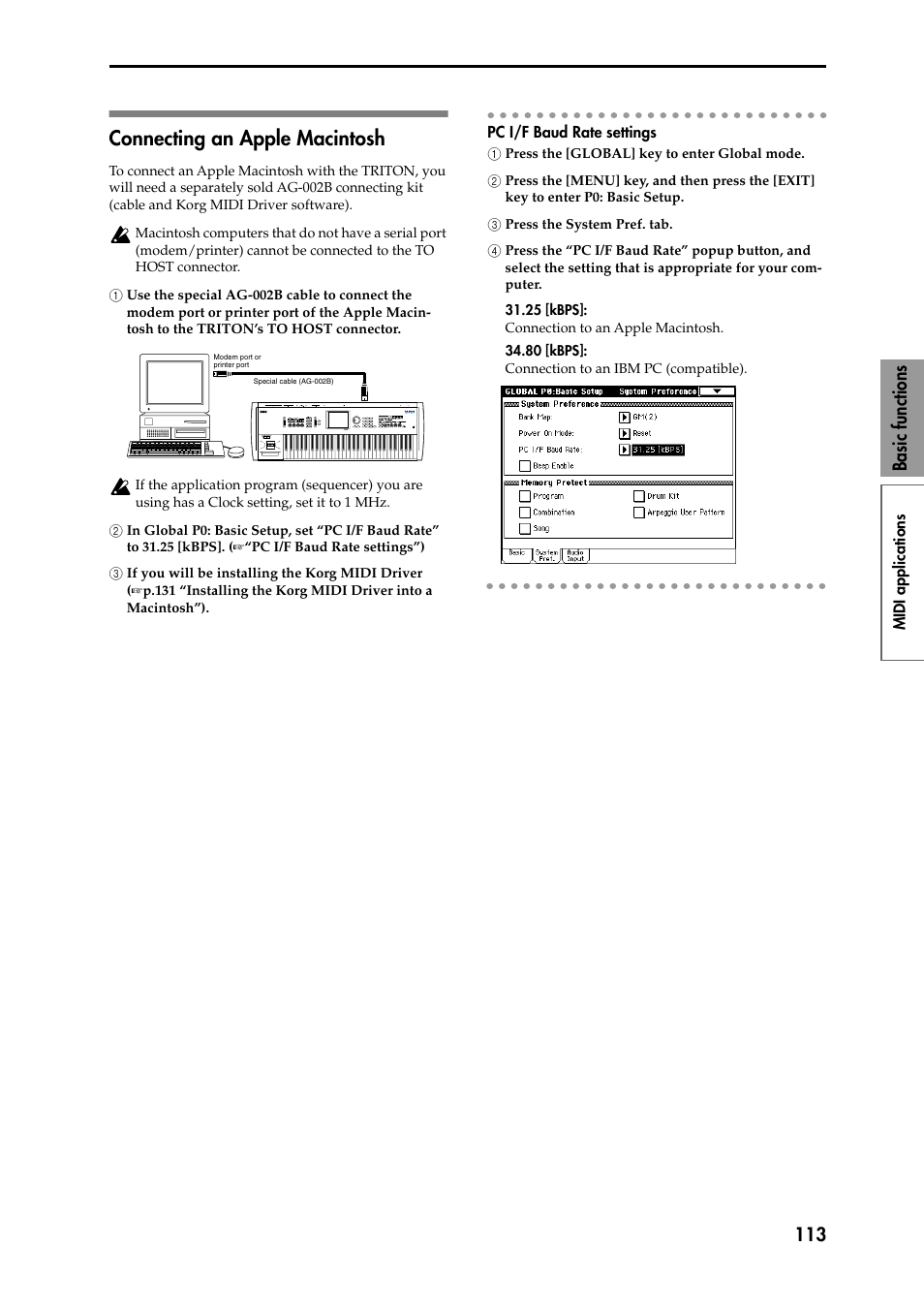 Connecting an apple macintosh, 1 use the special ag-002b cable to connect the 1 m, 2 in global p0: basic setup, set “pc i/f baud rate | 3 if you will be installing the korg midi driver 3, Pc i/f baud rate settings, 1 press the [global] key to enter global mode, 2 press the [menu] key, and then press the [exit, 3 press the system pref. tab, 4 press the “pc i/f baud rate” popup button, and 4, 113 basic functions | KORG Speaker System User Manual | Page 117 / 144