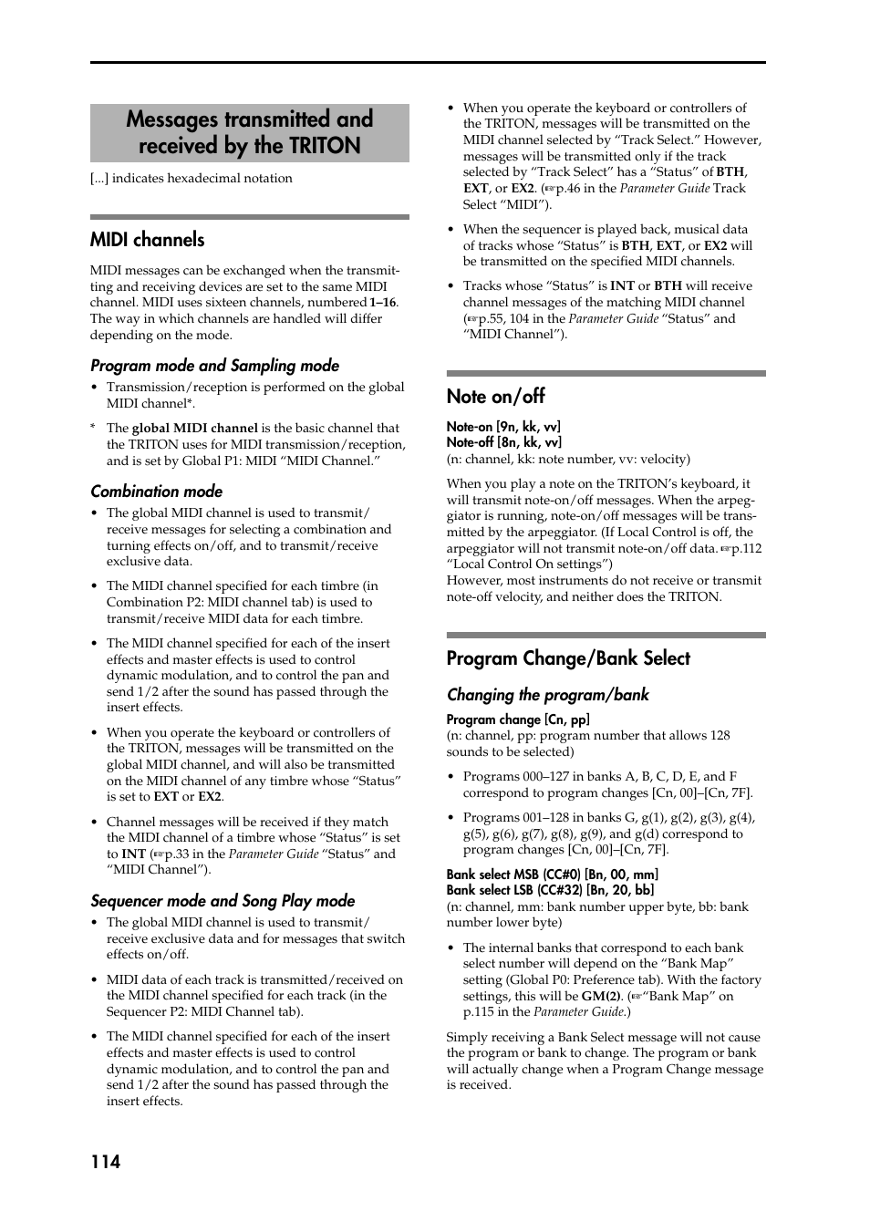 Midi channels, Program mode and sampling mode, Combination mode | Sequencer mode and song play mode, Note on/off, Program change/bank select, Changing the program/bank, Messages transmitted and received by the, Triton, P.114) | KORG Speaker System User Manual | Page 118 / 144