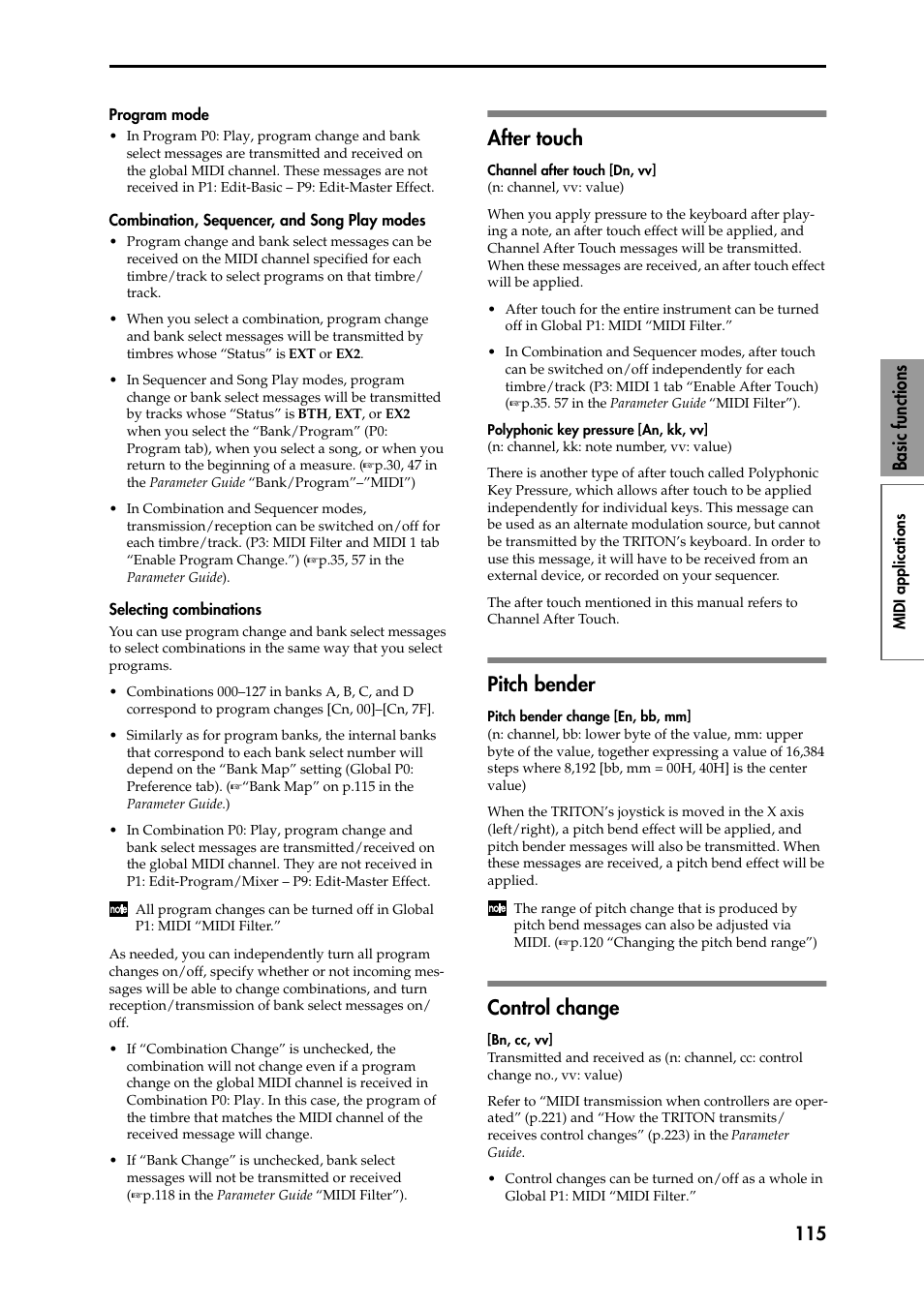 Program mode, Combination, sequencer, and song play modes, Selecting combinations | After touch, Pitch bender, Control change, After touch pitch bender control change, Midi, P.115), 115 basic functions | KORG Speaker System User Manual | Page 119 / 144