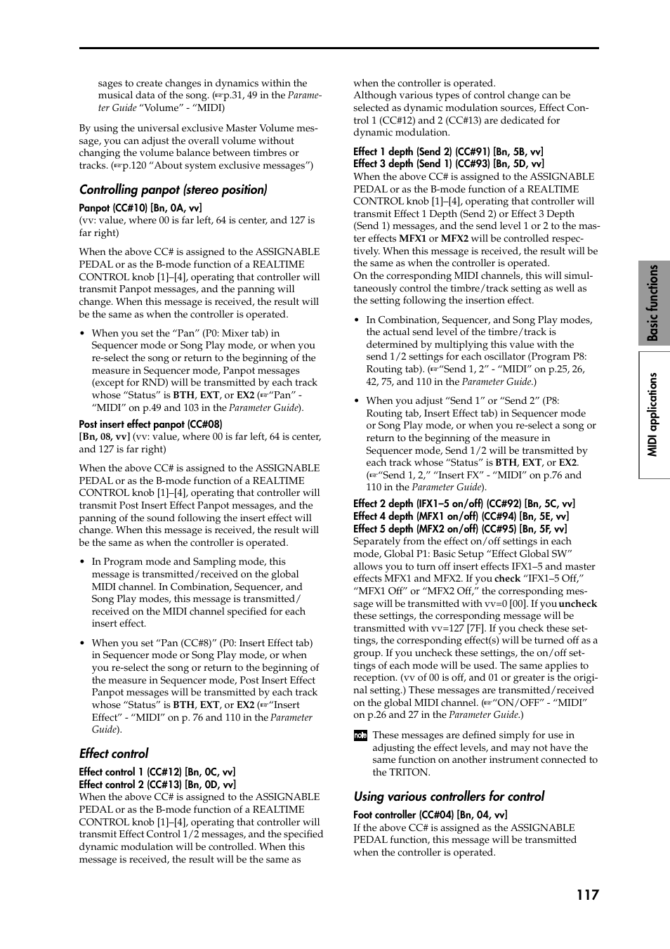 Controlling panpot (stereo position), Effect control, Using various controllers for control | 117 basic functions | KORG Speaker System User Manual | Page 121 / 144