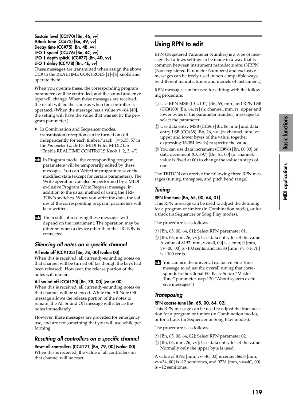 Silencing all notes on a specific channel, Resetting all controllers on a specific channel, Using rpn to edit | Tuning, Transposing, 119 basic functions | KORG Speaker System User Manual | Page 123 / 144