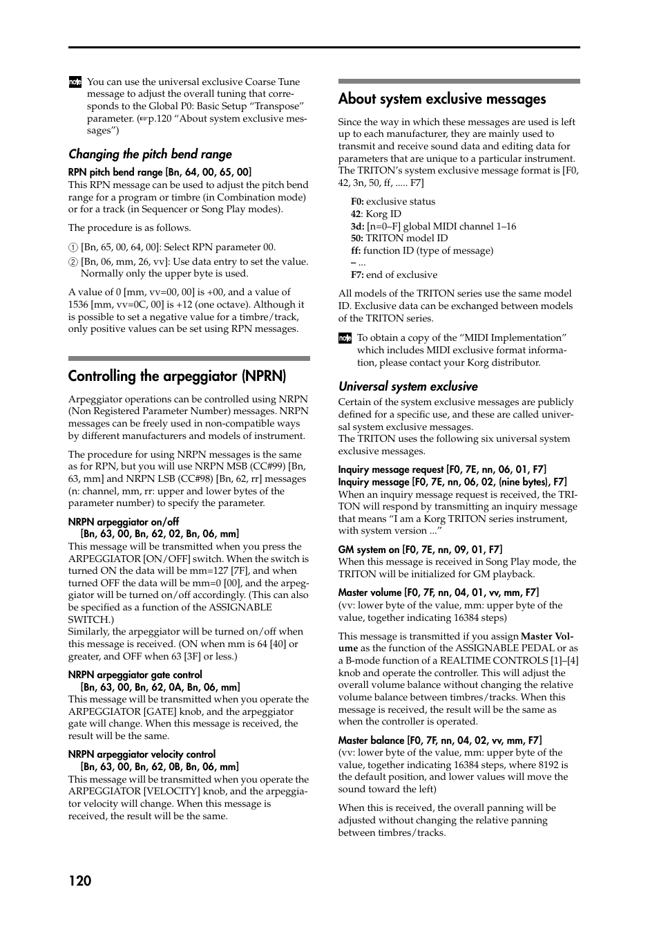 Changing the pitch bend range, Controlling the arpeggiator (nprn), About system exclusive messages | Universal system exclusive, Midi, P.120 “changing the pitch bend range”), Tracks, P.120 “about system exclusive messages”), P.120 “about system exclu, Sive messages”) | KORG Speaker System User Manual | Page 124 / 144