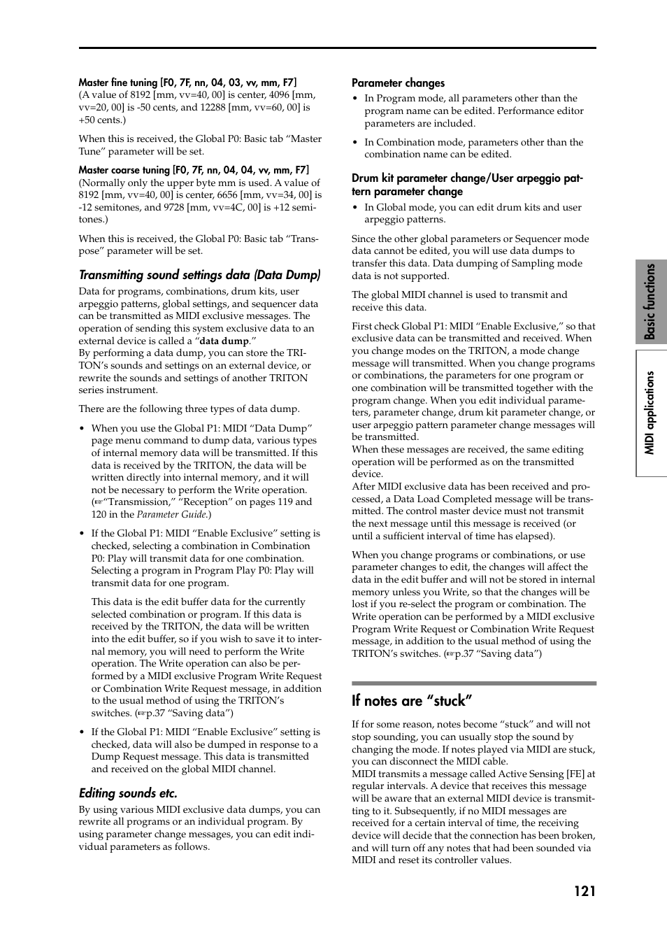 Transmitting sound settings data (data dump), Editing sounds etc, Parameter changes | Drum kit parameter change/user arpeggio pattern pa, If notes are “stuck, 121 basic functions | KORG Speaker System User Manual | Page 125 / 144