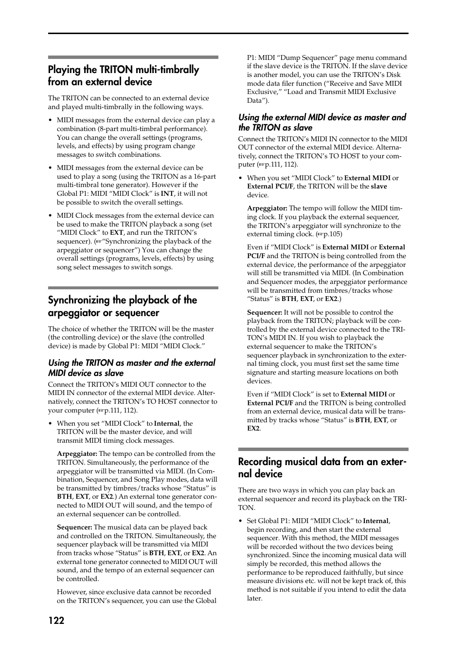 Playing the triton multi-timbrally from an externa, Synchronizing the playback of the arpeggiator or s, Using the triton as master and the external midi d | Using the external midi device as master and the t, Recording musical data from an external device, Playing the triton multi-timbrally from, An external device, Synchronizing the playback of the arpeggiator, Or sequencer, Recording musical data from an external | KORG Speaker System User Manual | Page 126 / 144