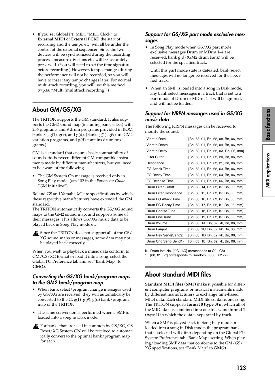 About gm/gs/xg, Converting the gs/xg bank/program maps to the gm2, Support for gs/xg part mode exclusive messages | Support for nrpn messages used in gs/xg music data, About standard midi files, About gm/gs/xg about standard midi files, P.123), 123 basic functions, Support for gs/xg part mode exclusive mes- sages | KORG Speaker System User Manual | Page 127 / 144