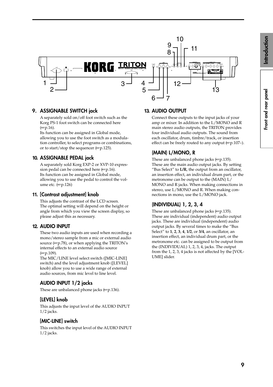 Assignable switch jack, Assignable pedal jack, [contrast adjustment] knob | Audio input, Audio input 1/2 jacks, Level] knob, Mic-line] switch, Audio output, Main) l/mono, r, Individual) 1, 2, 3, 4 | KORG Speaker System User Manual | Page 13 / 144