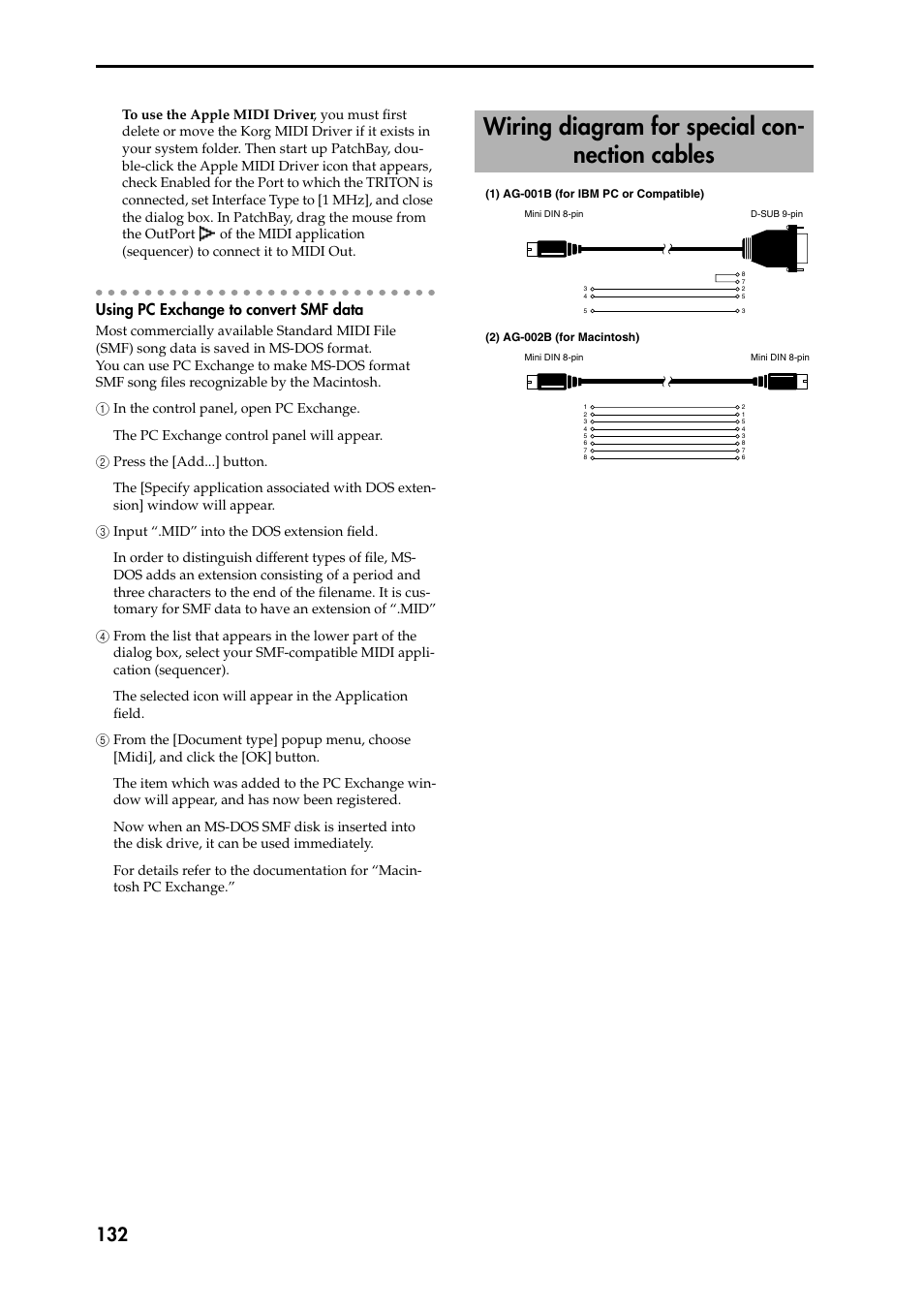 Using pc exchange to convert smf data, 1 in the control panel, open pc exchange, 2 press the [add...] button | 3 input “.mid” into the dos extension field, 4 from the list that appears in the lower part of, 5 from the [document type] popup menu, choose 5 [m, Wiring diagram for special connection, Cables, Wiring diagram for special con- nection cables | KORG Speaker System User Manual | Page 136 / 144