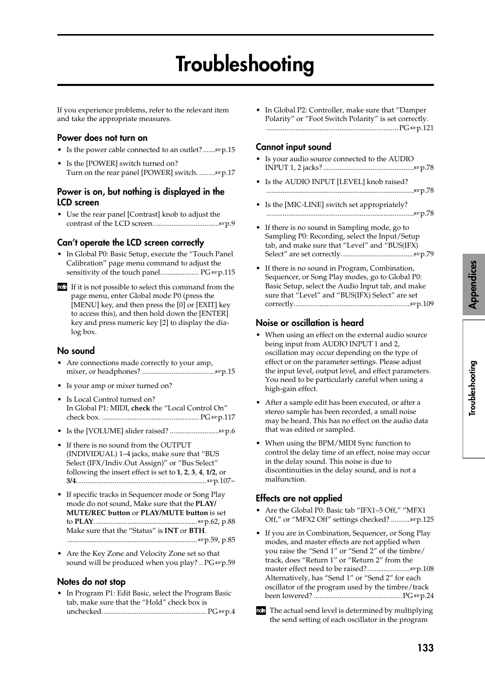 Troubleshooting, Power does not turn on, Power is on, but nothing is displayed in the lcd s | Can’t operate the lcd screen correctly, No sound, Notes do not stop, Cannot input sound, Noise or oscillation is heard, Effects are not applied, Appendices 133 | KORG Speaker System User Manual | Page 137 / 144