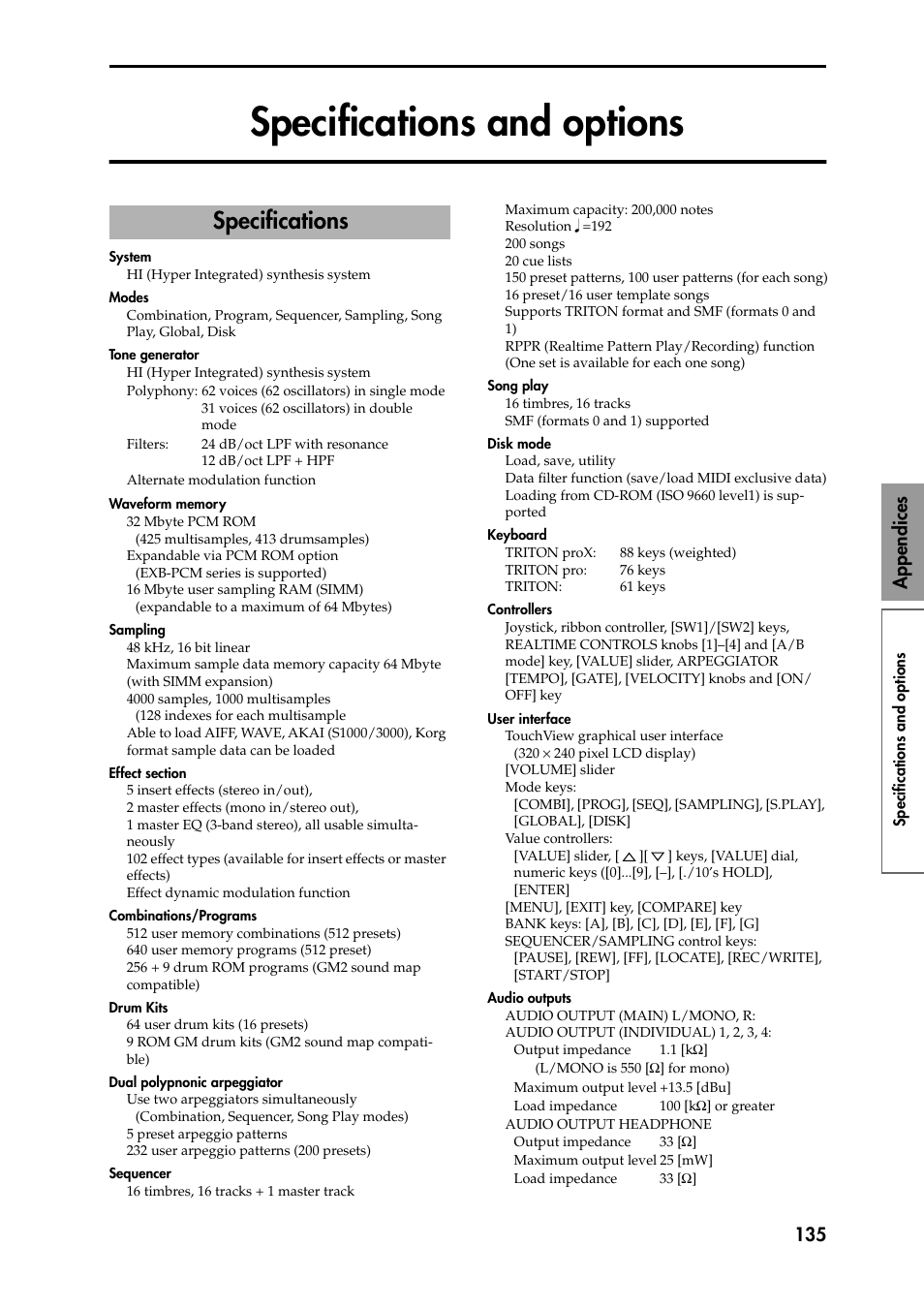 Specifications and options, Specifications, P.135) | Appendices 135 | KORG Speaker System User Manual | Page 139 / 144