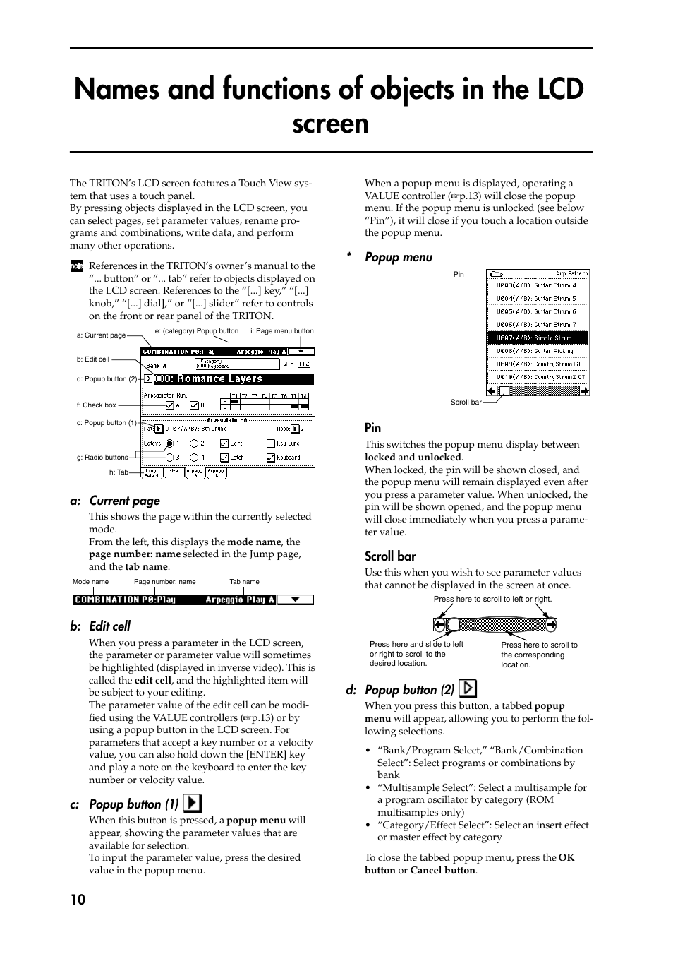 Names and functions of objects in the lcd screen, B: edit cell, C: popup button (1) | Popup menu, Scroll bar, D: popup button (2) | KORG Speaker System User Manual | Page 14 / 144