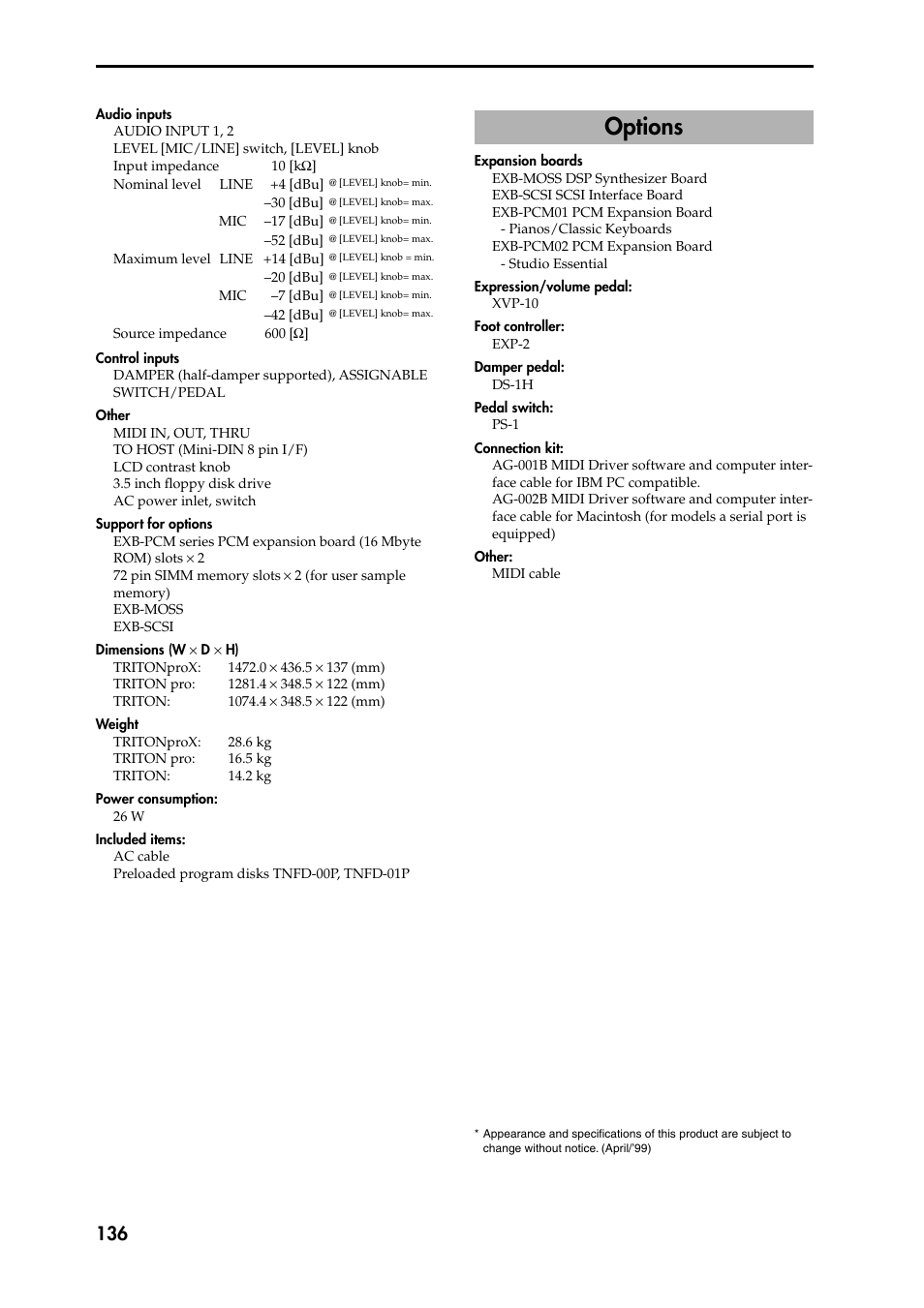 Options | KORG Speaker System User Manual | Page 140 / 144