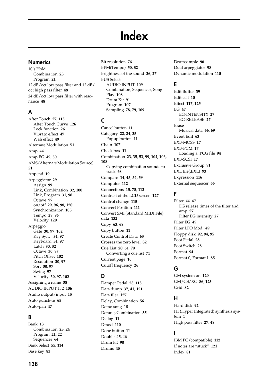 Index, Numerics | KORG Speaker System User Manual | Page 142 / 144