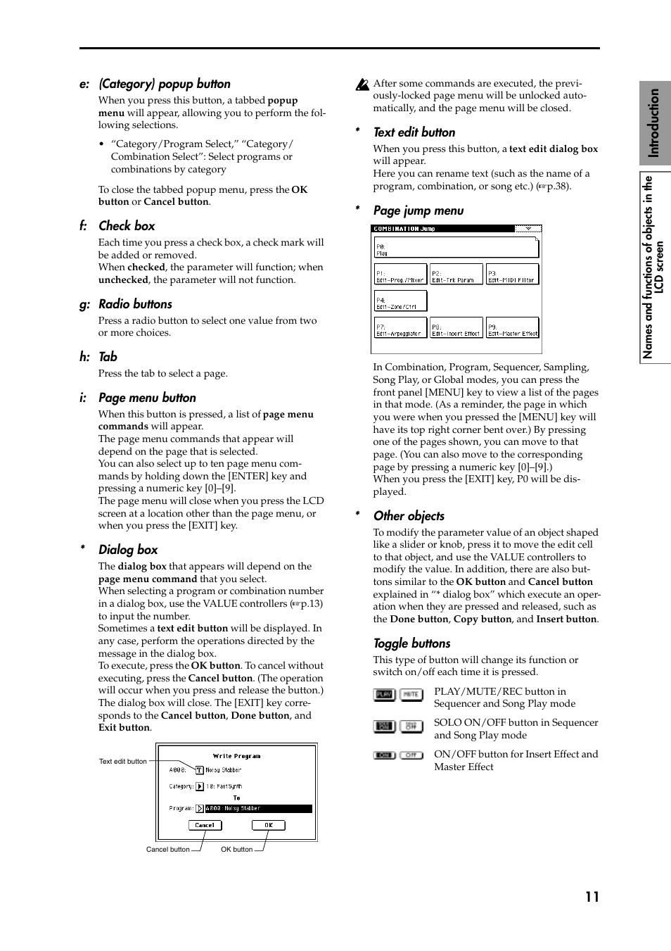 E: (category) popup button, F: check box, G: radio buttons | H: tab, Dialog box, Text edit button, Other objects, Toggle buttons, 11 introduction | KORG Speaker System User Manual | Page 15 / 144