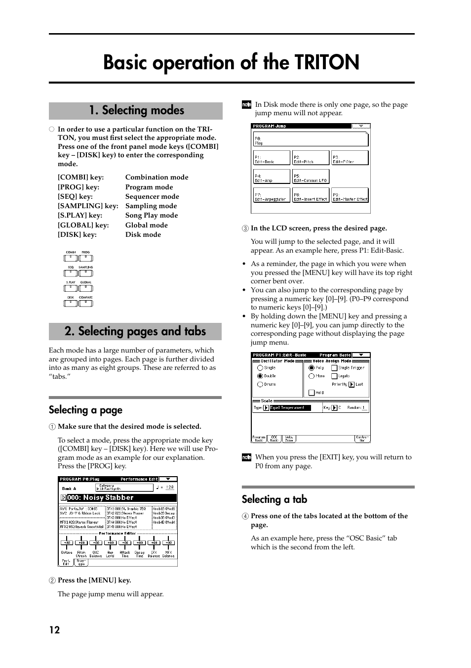 Basic operation of the triton, 1 make sure that the desired mode is selected, 2 press the [menu] key | Selecting a tab, 4 press one of the tabs located at the bottom of t, Selecting modes, Selecting pages and tabs 1. selecting modes, Selecting a page | KORG Speaker System User Manual | Page 16 / 144