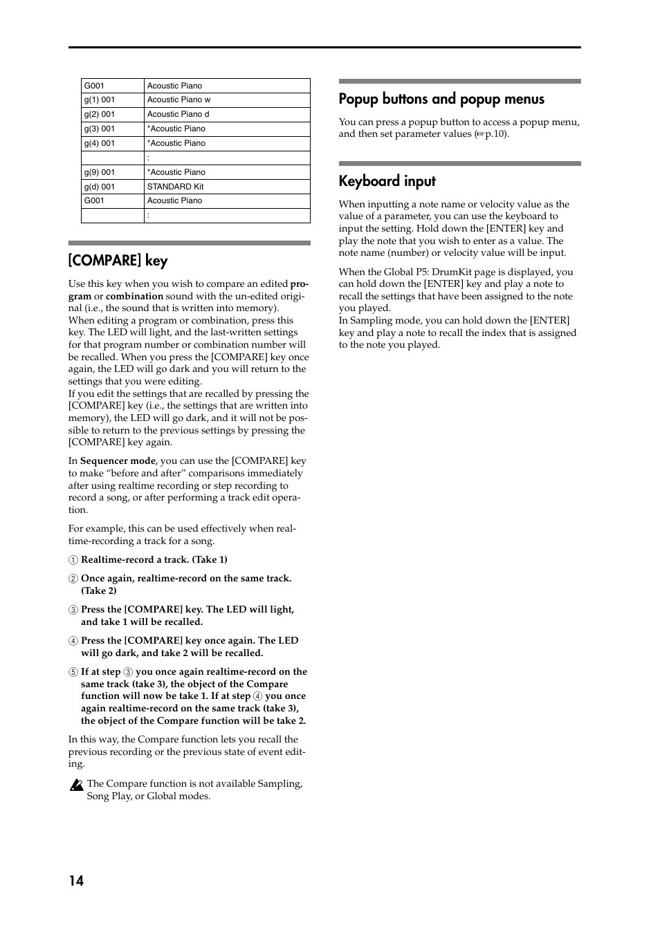 Compare] key, 1 realtime-record a track. (take 1), 2 once again, realtime-record on the same track. 2 | 3 press the [compare] key. the led will light, 3 a, 4 press the [compare] key once again. the led 4 wi, 5 if at step 3 you once again realtime-record on t, Popup buttons and popup menus, Keyboard input | KORG Speaker System User Manual | Page 18 / 144