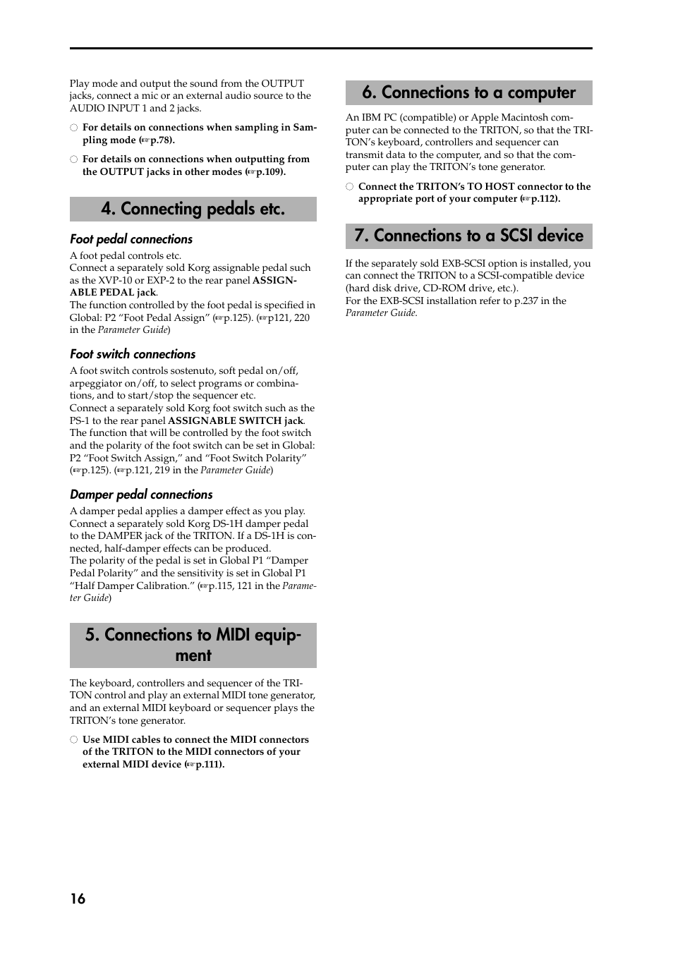 Foot pedal connections, Foot switch connections, Damper pedal connections | KORG Speaker System User Manual | Page 20 / 144