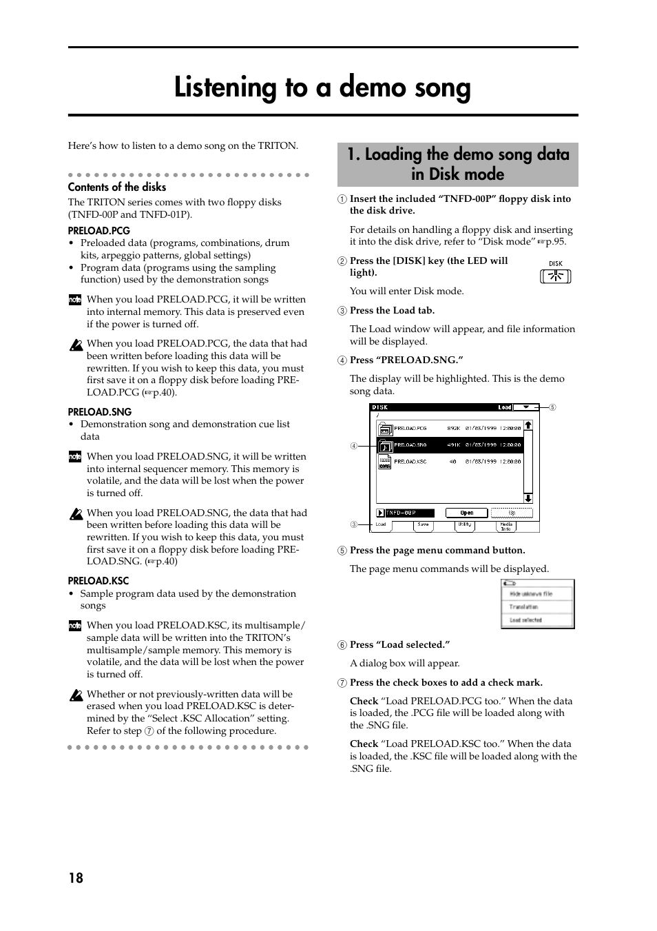 Listening to a demo song, Contents of the disks, 1 insert the included “tnfd-00p” floppy disk into | 2 press the [disk] key (the led will 2 light), 3 press the load tab, 4 press “preload.sng, 6 press “load selected, 7 press the check boxes to add a check mark, Loading the demo song data in disk mode | KORG Speaker System User Manual | Page 22 / 144