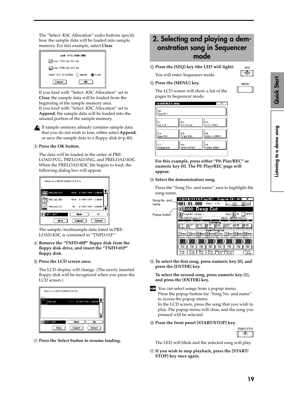 8 press the ok button, 9 remove the “tnfd-00p” floppy disk from the 9 flo, 0 press the lcd screen once | A press the select button to resume loading, B press the [seq] key (the led will light), C press the [menu] key, D select the demonstration song, E to select the first song, press numeric key [0, F press the front panel [start/stop] key, G if you wish to stop playback, press the [start | KORG Speaker System User Manual | Page 23 / 144