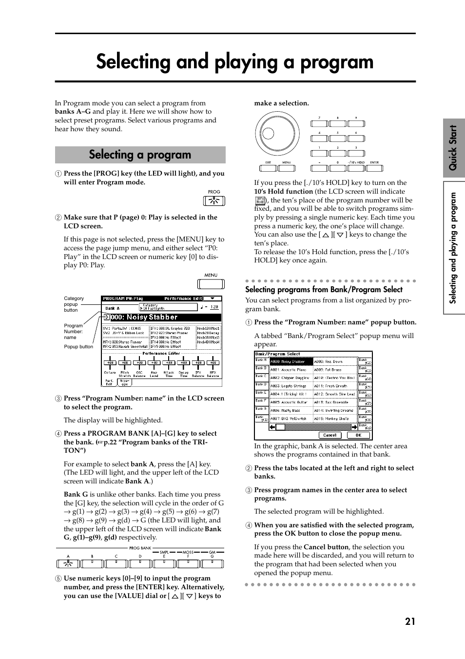 Selecting and playing a program, 1 press the [prog] key (the led will light), and y, 3 press “program number: name” in the lcd screen 3 | 4 press a program bank [a]–[g] key to select 4 the, 5 use numeric keys [0]–[9] to input the program 5, Selecting programs from bank/program select, 1 press the “program number: name” popup button, 2 press the tabs located at the left and right to, 3 press program names in the center area to select, 4 when you are satisfied with the selected program | KORG Speaker System User Manual | Page 25 / 144