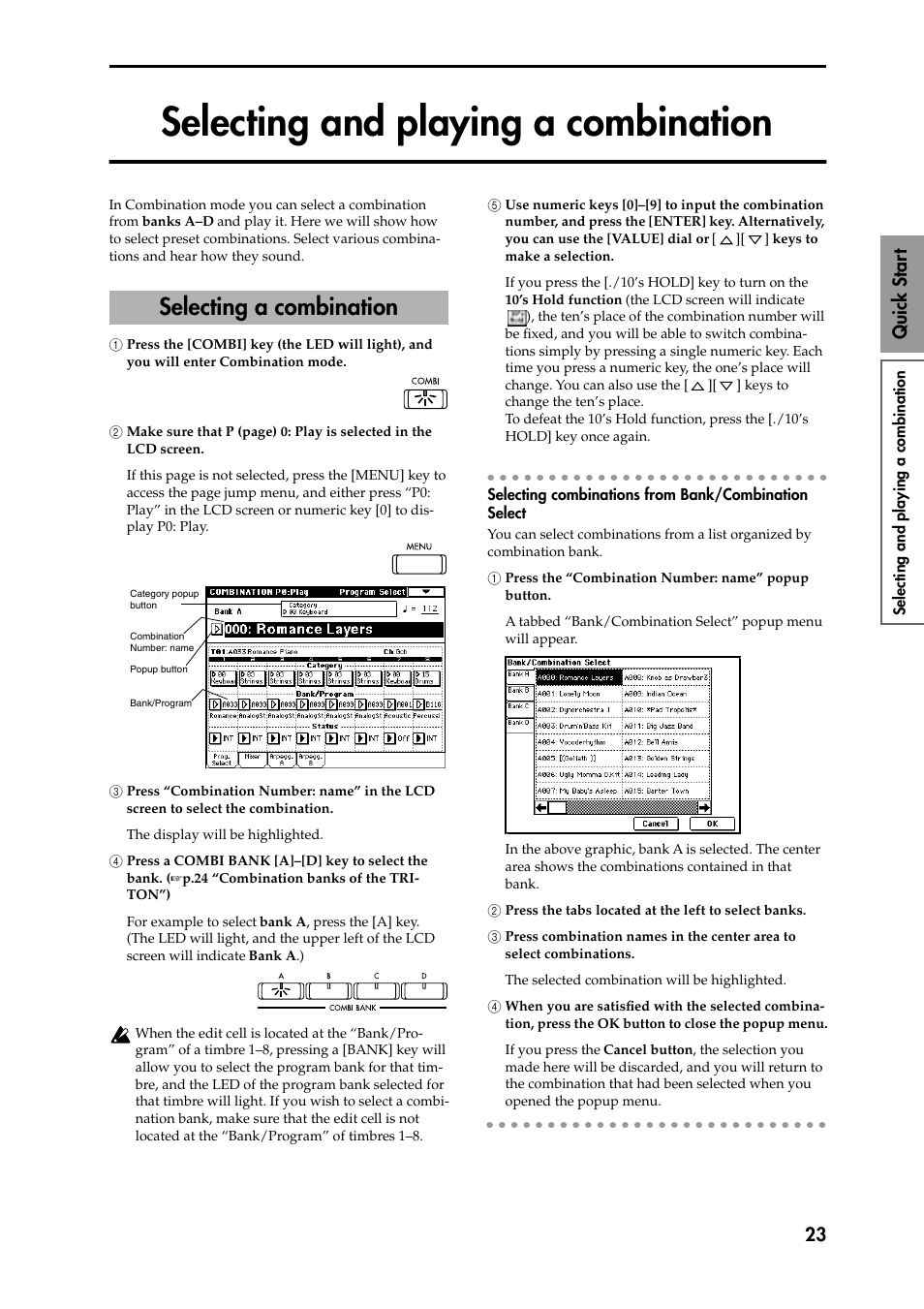 Selecting and playing a combination, 1 press the [combi] key (the led will light), and, 3 press “combination number: name” in the lcd 3 sc | 4 press a combi bank [a]–[d] key to select the 4 b, 5 use numeric keys [0]–[9] to input the combinatio, Selecting combinations from bank/combination selec, 1 press the “combination number: name” popup 1 but, 2 press the tabs located at the left to select ban, 3 press combination names in the center area to 3, 4 when you are satisfied with the selected combina | KORG Speaker System User Manual | Page 27 / 144