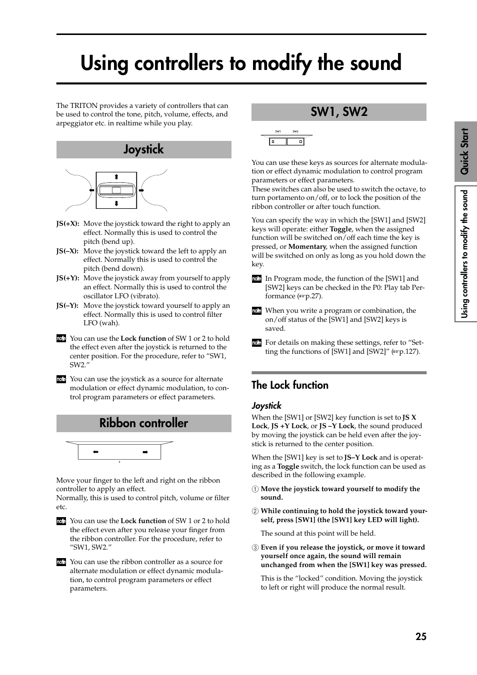 Using controllers to modify the sound, The lock function, Joystick | 1 move the joystick toward yourself to modify the, 2 while continuing to hold the joystick toward you, 3 even if you release the joystick, or move it tow, Ribbon controller sw1, sw2, When on, the led will light, P.25) | KORG Speaker System User Manual | Page 29 / 144