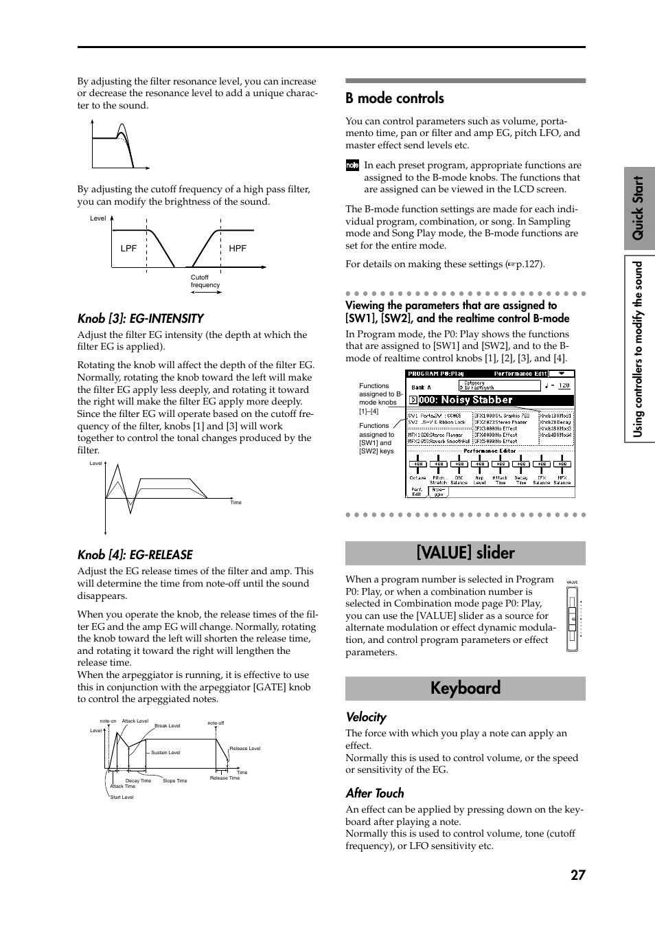 Knob [3]: eg-intensity, Knob [4]: eg-release, B mode controls | Viewing the parameters that are assigned to [sw1, Velocity, After touch, Value] slider keyboard, P.27), 27 quick star t, Using controllers to modify the sound | KORG Speaker System User Manual | Page 31 / 144