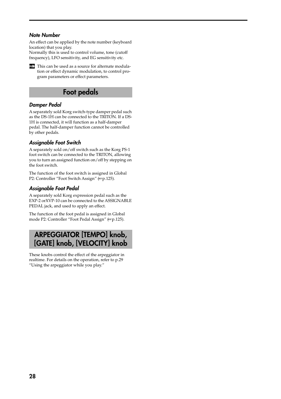 Note number, Damper pedal, Assignable foot switch | Assignable foot pedal, Foot pedals arpeggiator [tempo] knob, [gate] knob, Velocity] knob | KORG Speaker System User Manual | Page 32 / 144