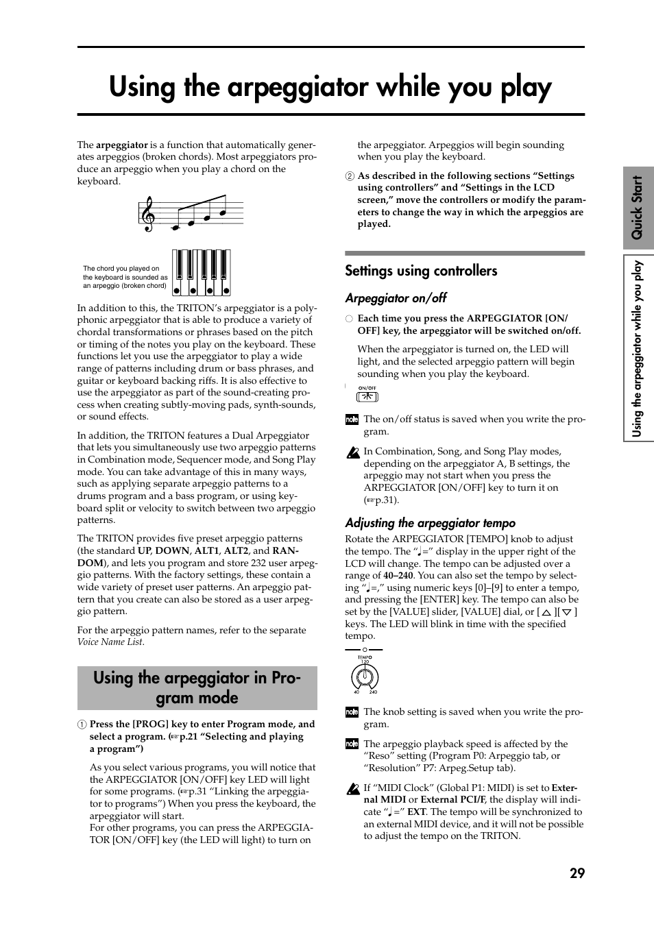 Using the arpeggiator while you play, 1 press the [prog] key to enter program mode, and, 2 as described in the following sections “settings | Settings using controllers, Arpeggiator on/off, Adjusting the arpeggiator tempo, Using the arpeggiator in program mode, Efer to p.29, Using the arpeggiator in pro- gram mode, 29 quick star t | KORG Speaker System User Manual | Page 33 / 144