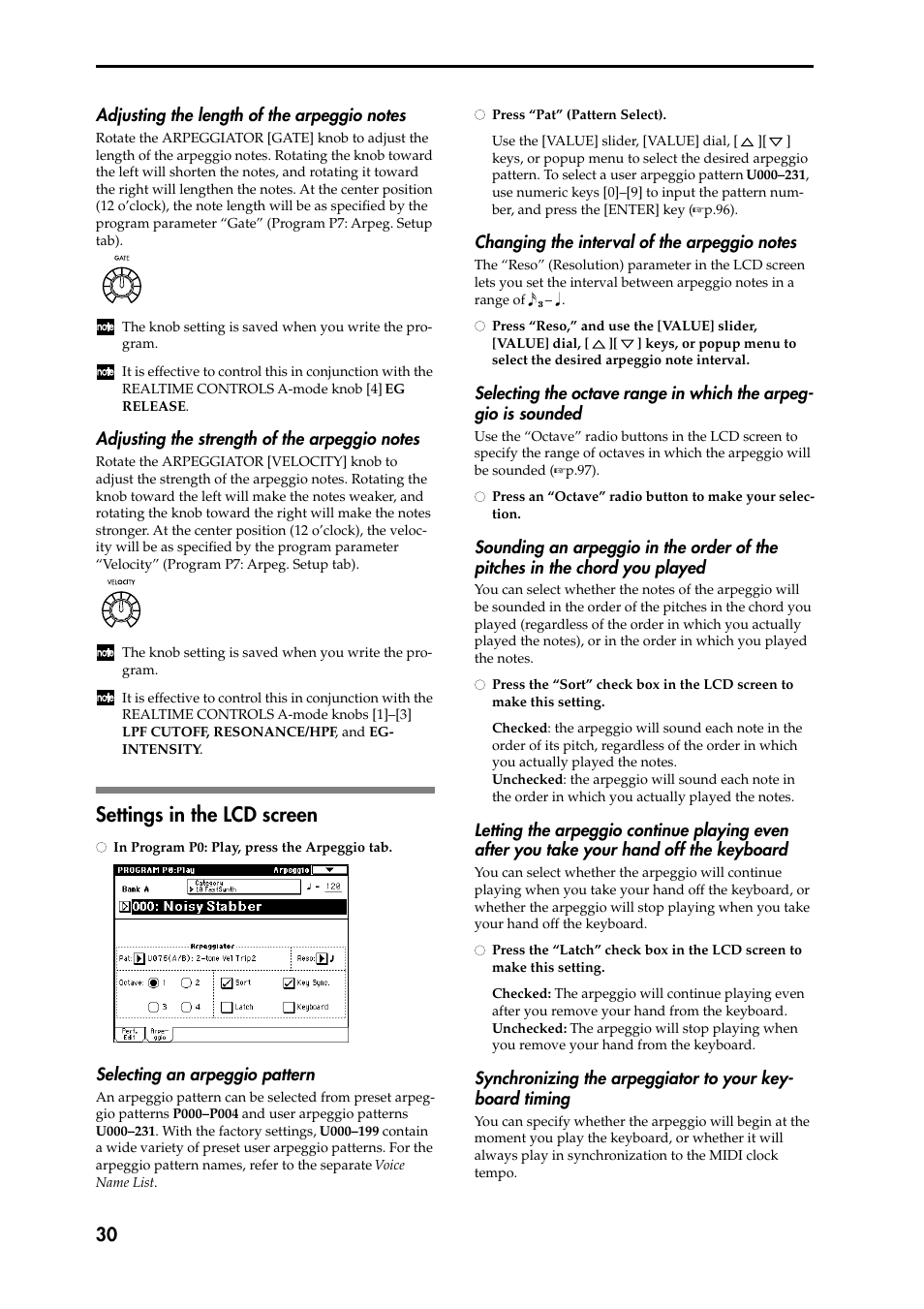 Adjusting the length of the arpeggio notes, Adjusting the strength of the arpeggio notes, Settings in the lcd screen | Selecting an arpeggio pattern, Changing the interval of the arpeggio notes, Selecting the octave range in which the arpeggio i, Sounding an arpeggio in the order of the pitches i, Letting the arpeggio continue playing even after y, Synchronizing the arpeggiator to your keyboard tim | KORG Speaker System User Manual | Page 34 / 144