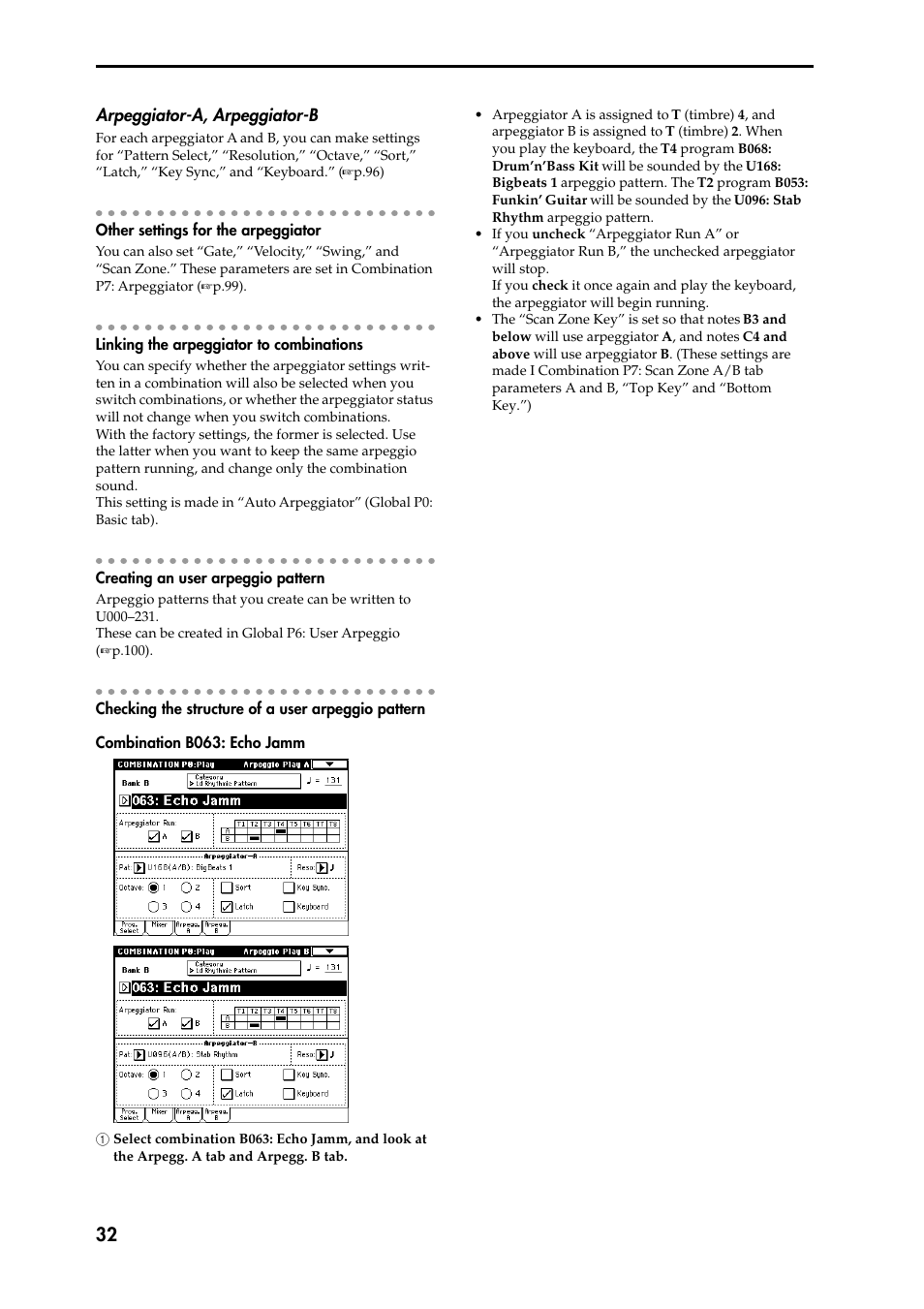 Arpeggiator-a, arpeggiator-b, Other settings for the arpeggiator, Linking the arpeggiator to combinations | Creating an user arpeggio pattern, Checking the structure of a user arpeggio pattern, Combination b063: echo jamm, 1 select combination b063: echo jamm, and look at | KORG Speaker System User Manual | Page 36 / 144