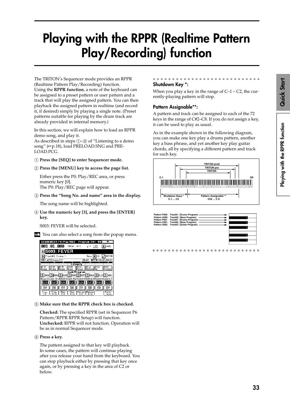 Playing with the rppr (realtime pattern play/recor, 1 press the [seq] to enter sequencer mode, 3 press the “song no. and name” area in the displa | 4 use the numeric key [3], and press the [enter] 4, 5 make sure that the rppr check box is checked, 6 press a key, Shutdown key, Pattern assignable, 33 quick star t | KORG Speaker System User Manual | Page 37 / 144