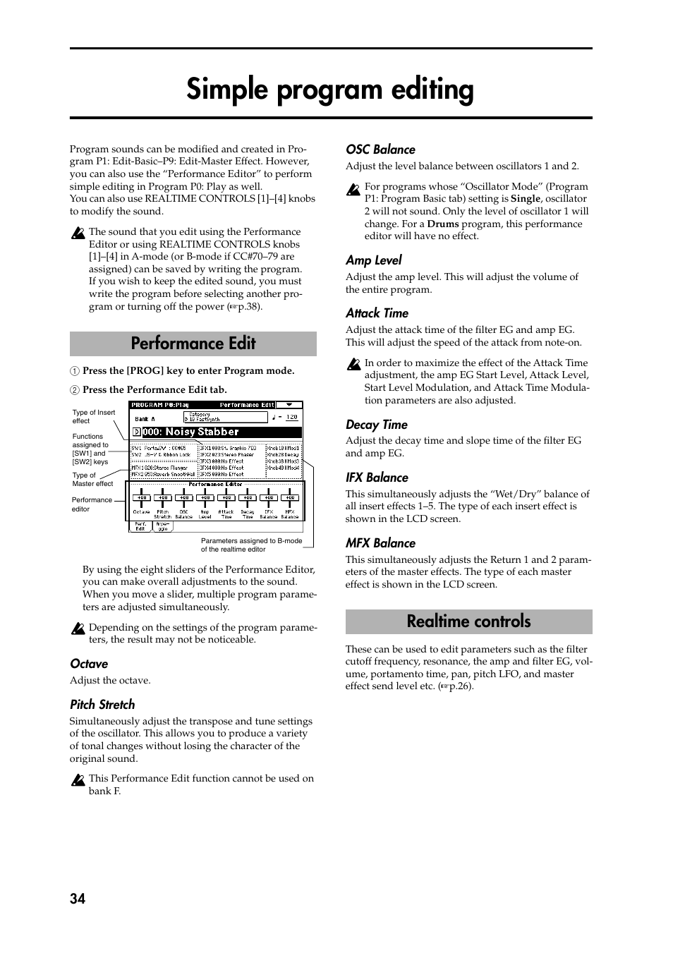 Simple program editing, 1 press the [prog] key to enter program mode, 2 press the performance edit tab | Octave, Pitch stretch, Osc balance, Amp level, Attack time, Decay time, Ifx balance | KORG Speaker System User Manual | Page 38 / 144