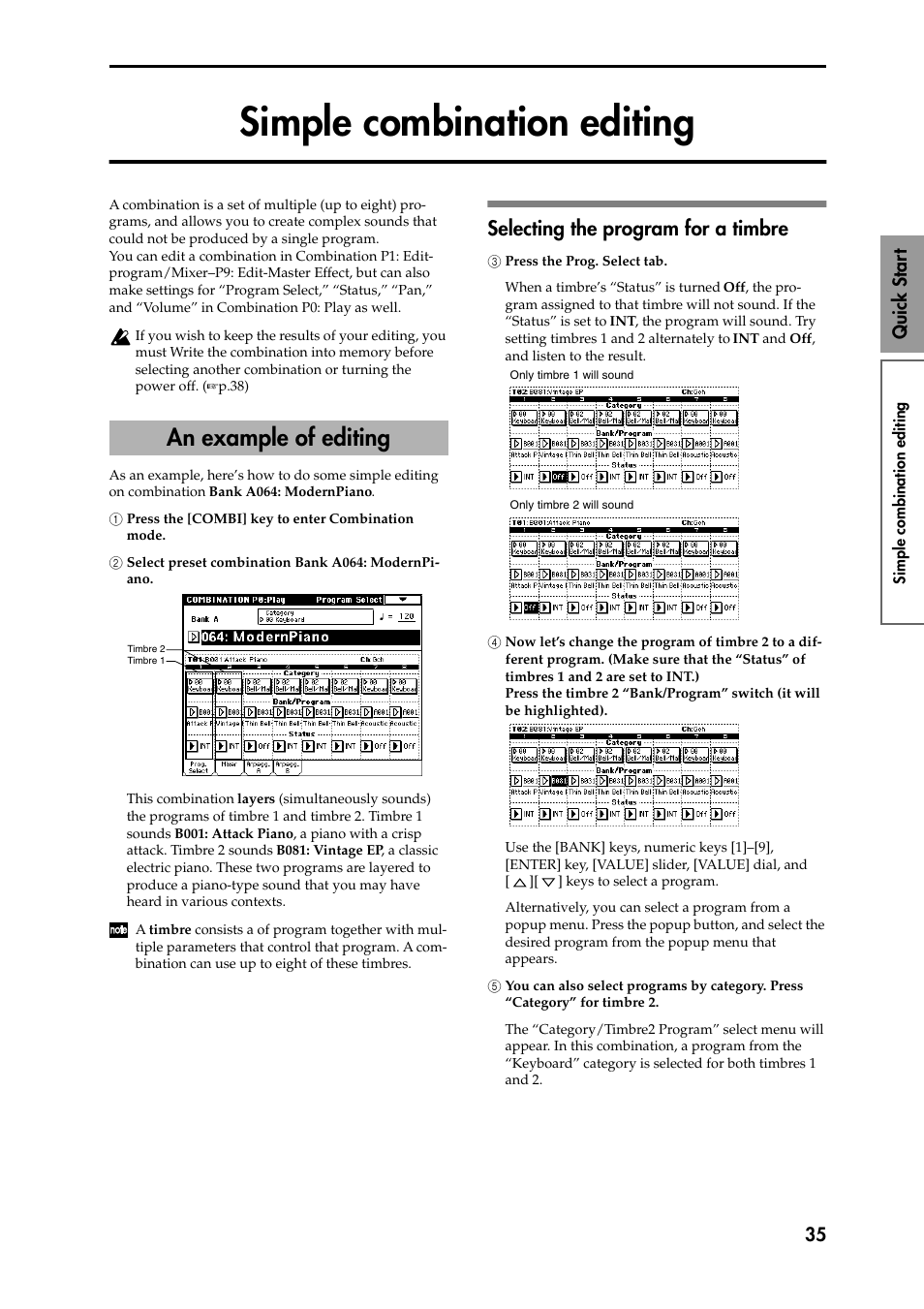 Simple combination editing, 1 press the [combi] key to enter combination 1 mod, 2 select preset combination bank a064: modernpi2 a | Selecting the program for a timbre, 3 press the prog. select tab, 4 now let’s change the program of timbre 2 to a di, 5 you can also select programs by category. press, An example of editing, 35 quick star t | KORG Speaker System User Manual | Page 39 / 144