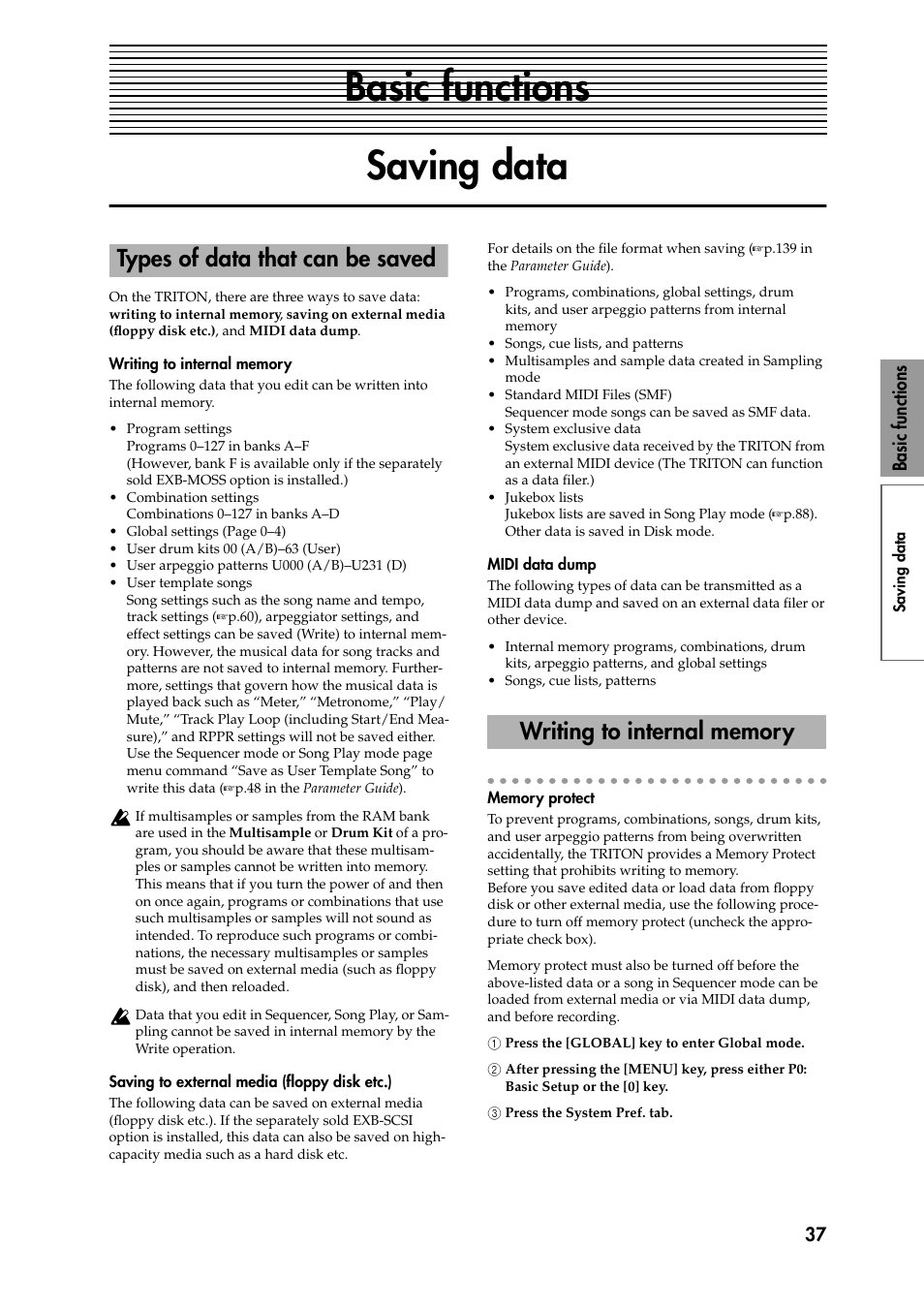 Basic functions, Saving data, Writing to internal memory | Saving to external media (floppy disk etc.), Midi data dump, Memory protect, 1 press the [global] key to enter global mode, 2 after pressing the [menu] key, press either p0, 3 press the system pref. tab, Basic functions saving data | KORG Speaker System User Manual | Page 41 / 144