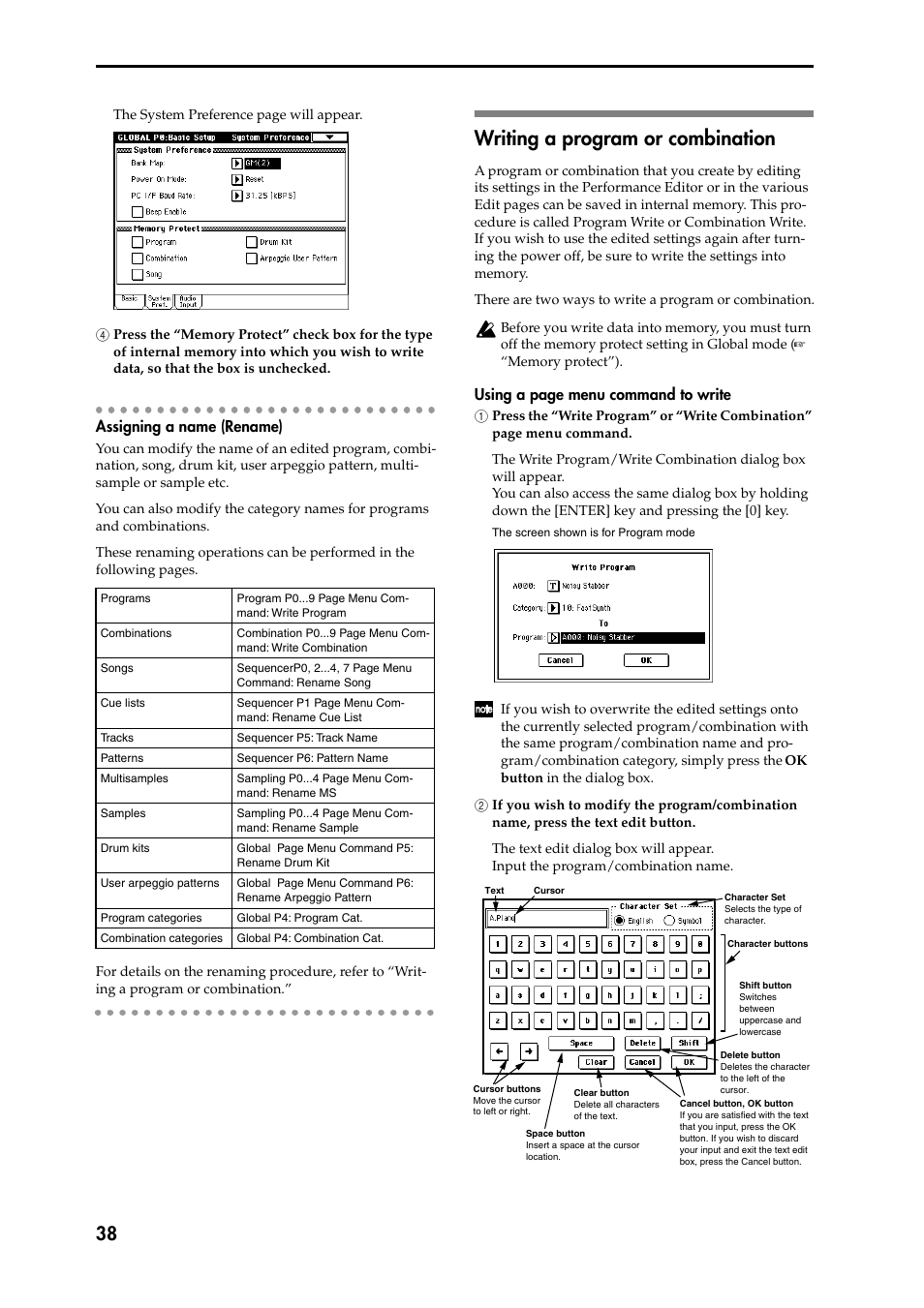 4 press the “memory protect” check box for the typ, Assigning a name (rename), Writing a program or combination | 1 press the “write program” or “write combination, 2 if you wish to modify the program/combination 2, Ogram, combination, or song etc.), P.38) | KORG Speaker System User Manual | Page 42 / 144