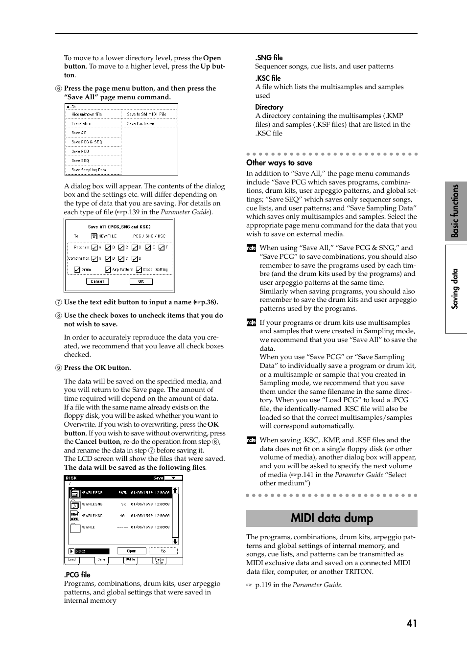 7 use the text edit button to input a name (+p.38), 8 use the check boxes to uncheck items that you do, 9 press the ok button | Other ways to save, Midi data dump, 41 basic functions | KORG Speaker System User Manual | Page 45 / 144