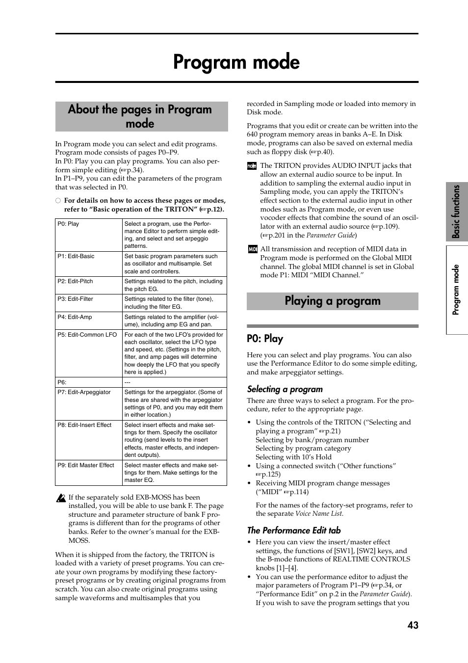 Program mode, P0: play, Selecting a program | The performance edit tab, About the pages in program mode playing a program, 43 basic functions | KORG Speaker System User Manual | Page 47 / 144