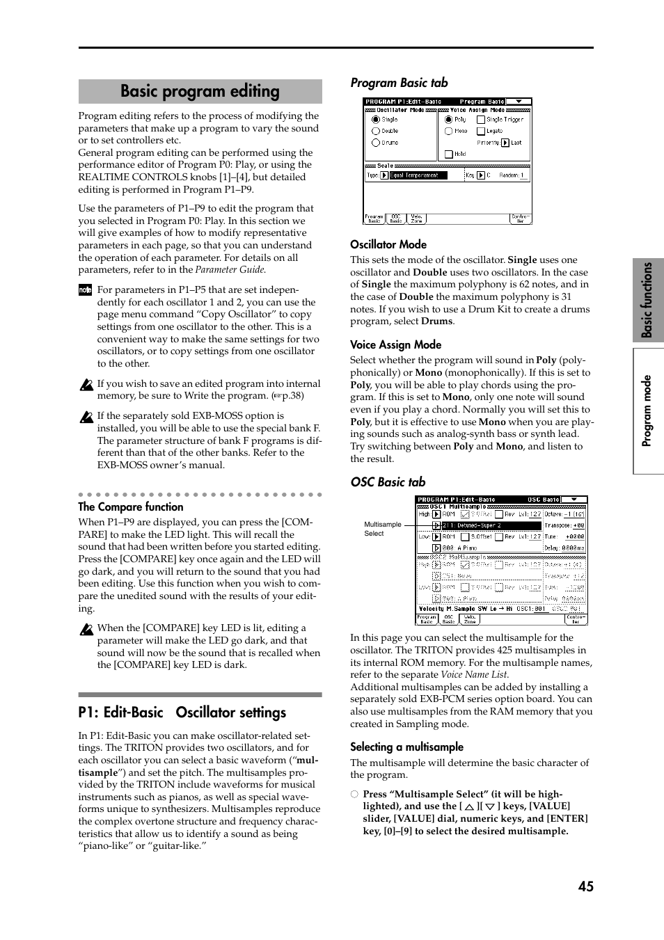 The compare function, P1: edit-basic oscillator settings, Program basic tab | Oscillator mode, Voice assign mode, Osc basic tab, Selecting a multisample, P1: edit-basic, Oscillator settings, Basic program editing | KORG Speaker System User Manual | Page 49 / 144