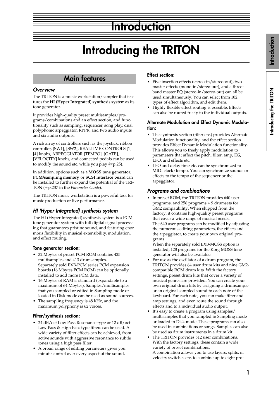 Introduction, Introducing the triton, Overview | Hi (hyper integrated) synthesis system, Tone generator section, Filter/synthesis section, Effect section, Alternate modulation and effect dynamic modulation, Programs and combinations, Main features | KORG Speaker System User Manual | Page 5 / 144