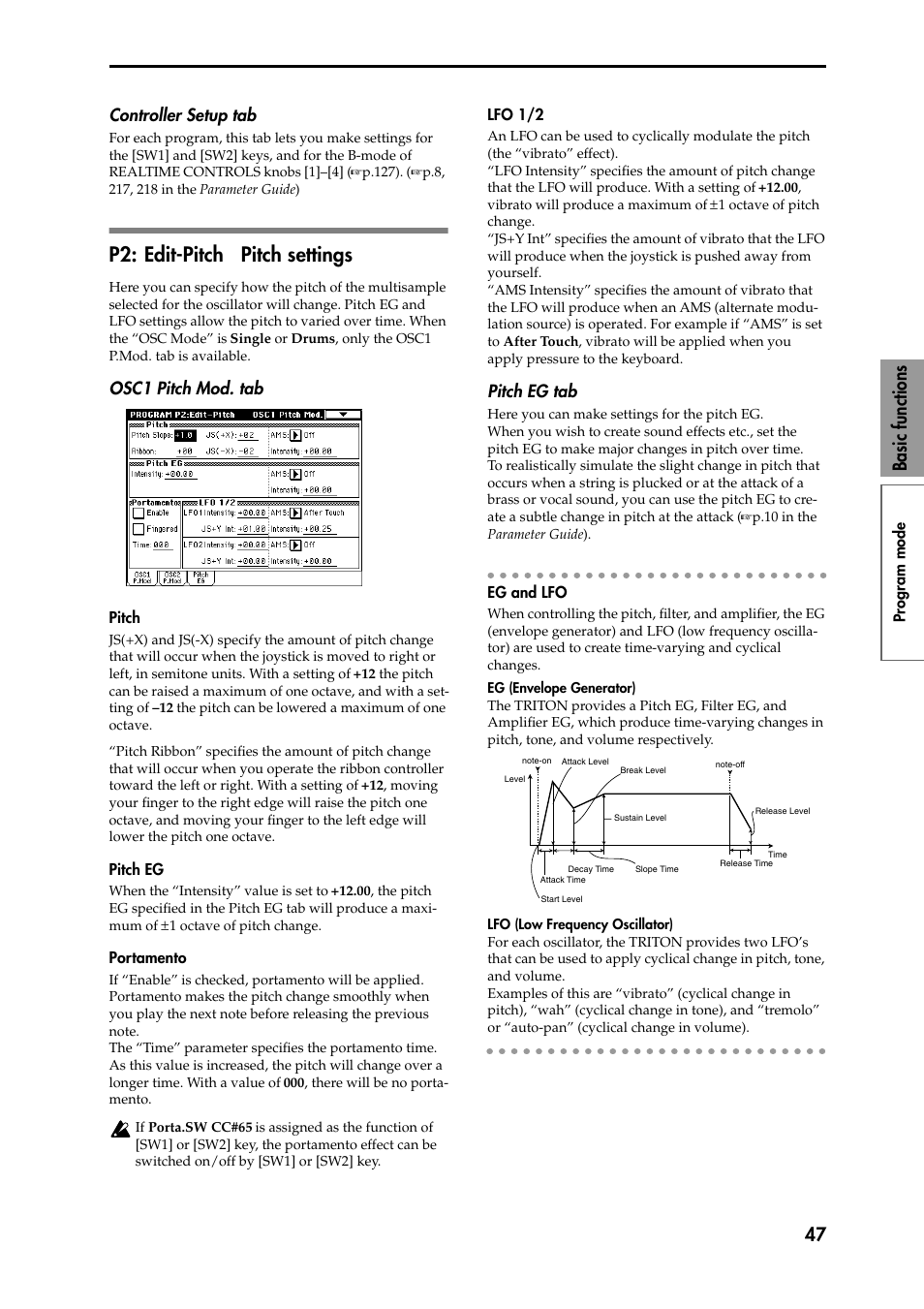 Controller setup tab, P2: edit-pitch pitch settings, Osc1 pitch mod. tab | Pitch, Pitch eg, Portamento, Lfo 1/2, Pitch eg tab, Eg and lfo, P2: edit-pitch | KORG Speaker System User Manual | Page 51 / 144